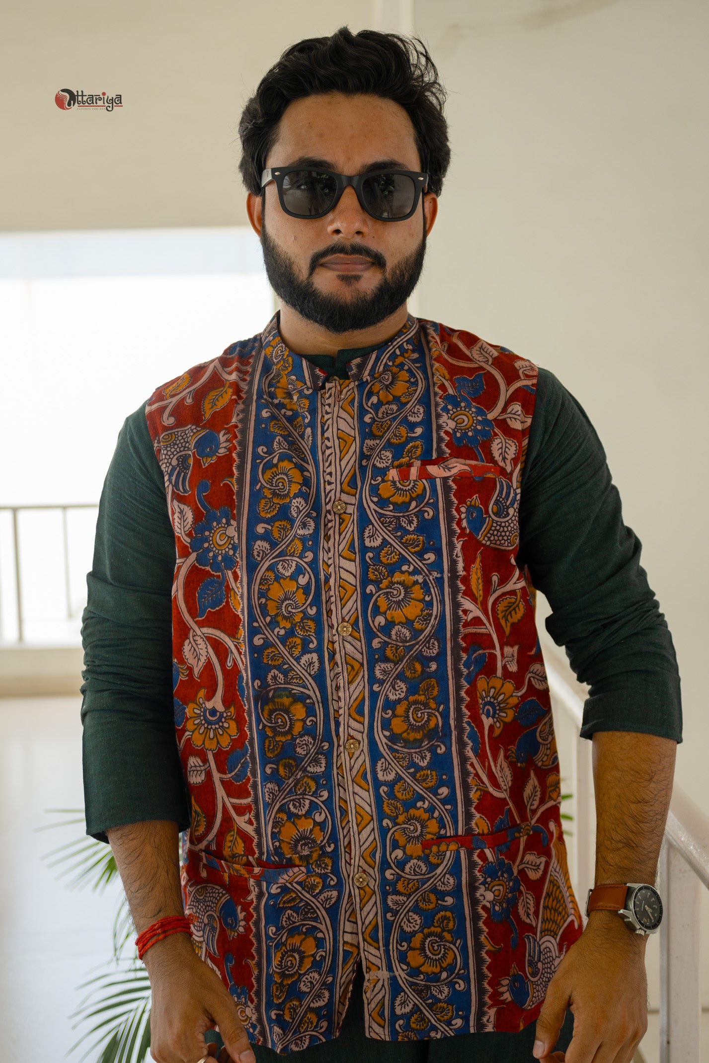 Khadi long kurta with hand kalamkari jacket in green