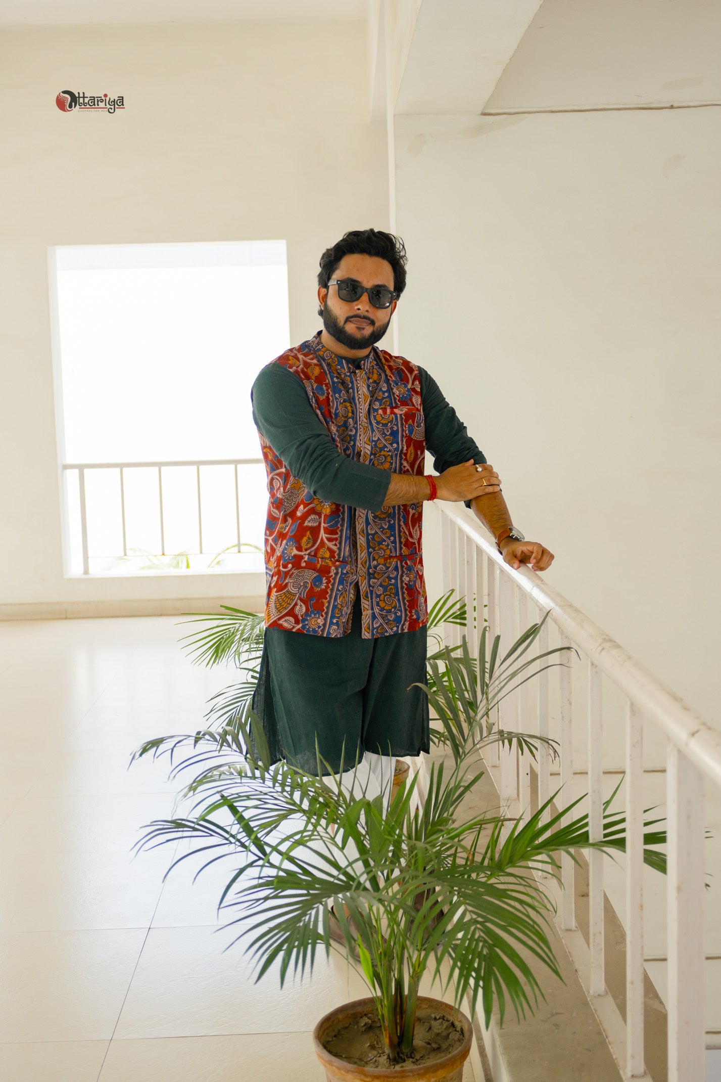 Khadi long kurta with hand kalamkari jacket in green