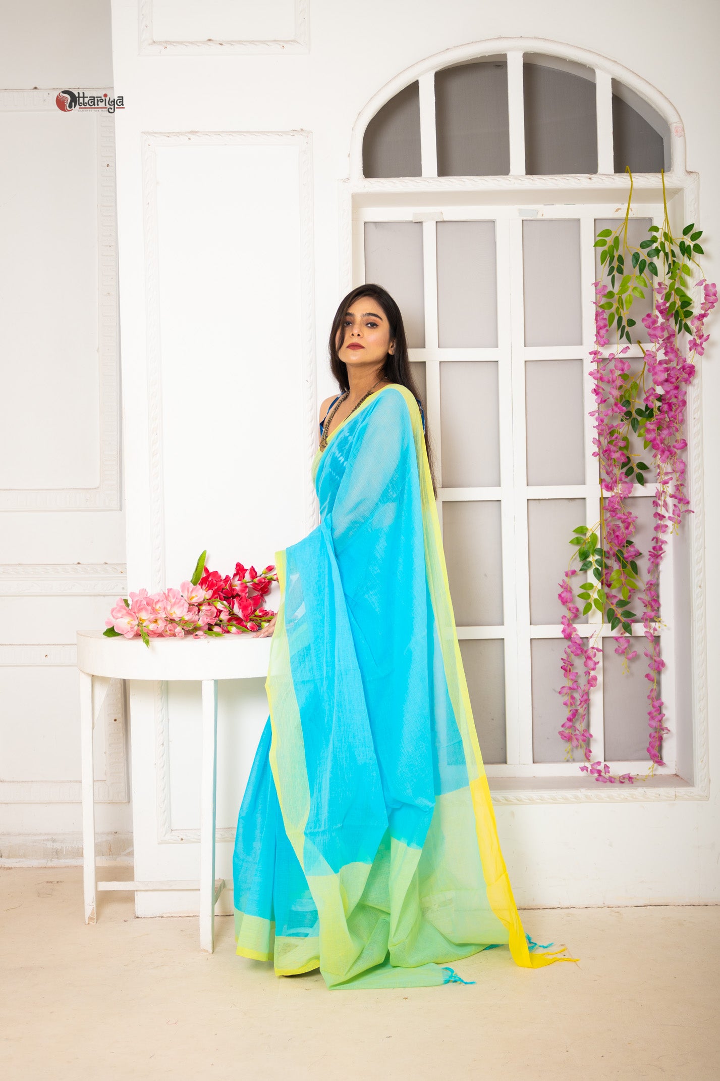 Turquoise rose Saree - Uttariya