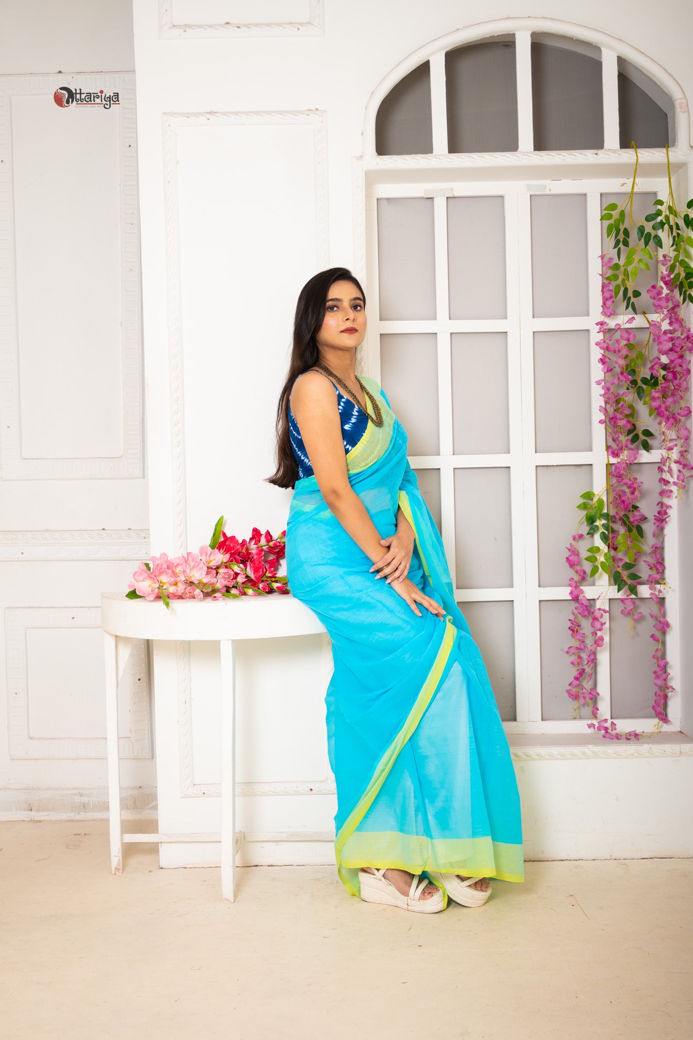 Turquoise rose Saree - Uttariya