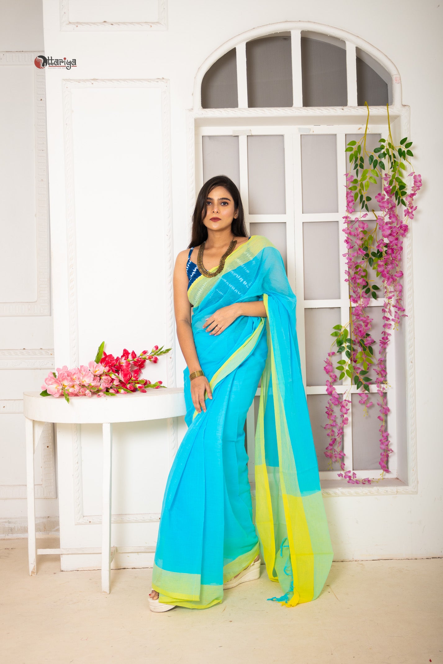 Turquoise rose Saree - Uttariya