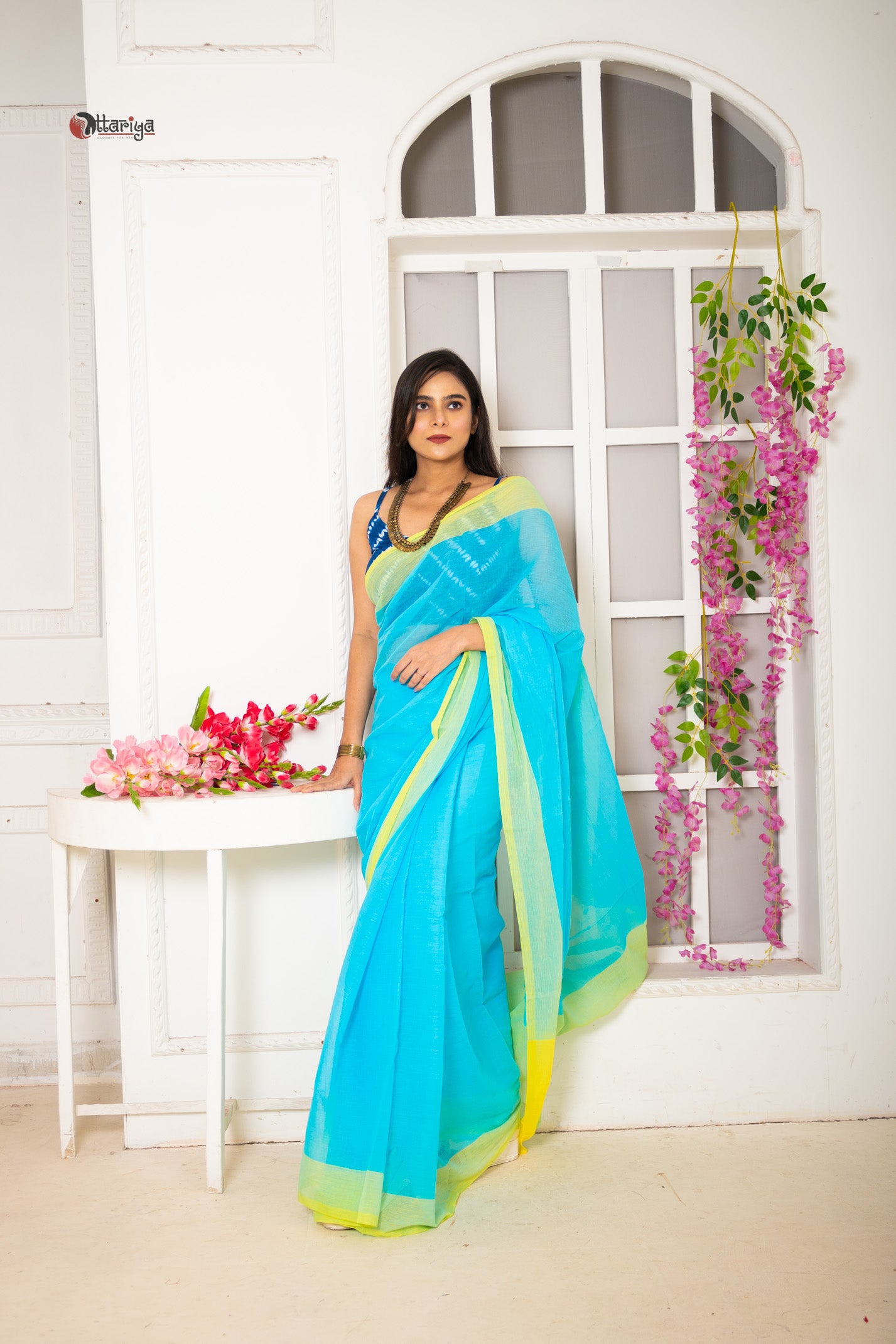 Turquoise rose Saree - Uttariya