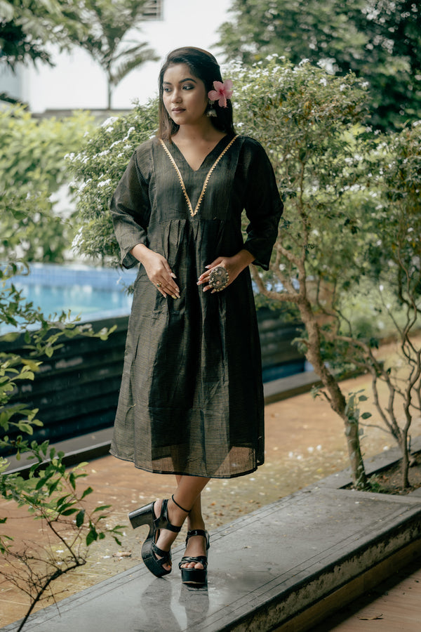 Classic Black & Gold Striped Cotton Midi Dress with Elegant Detailing