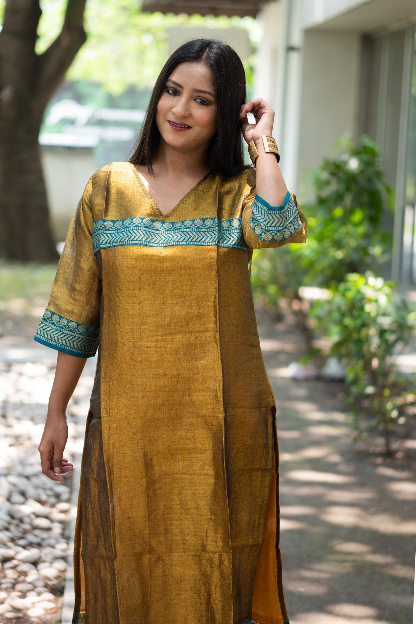 Taru Teal Border Tissue Kurta