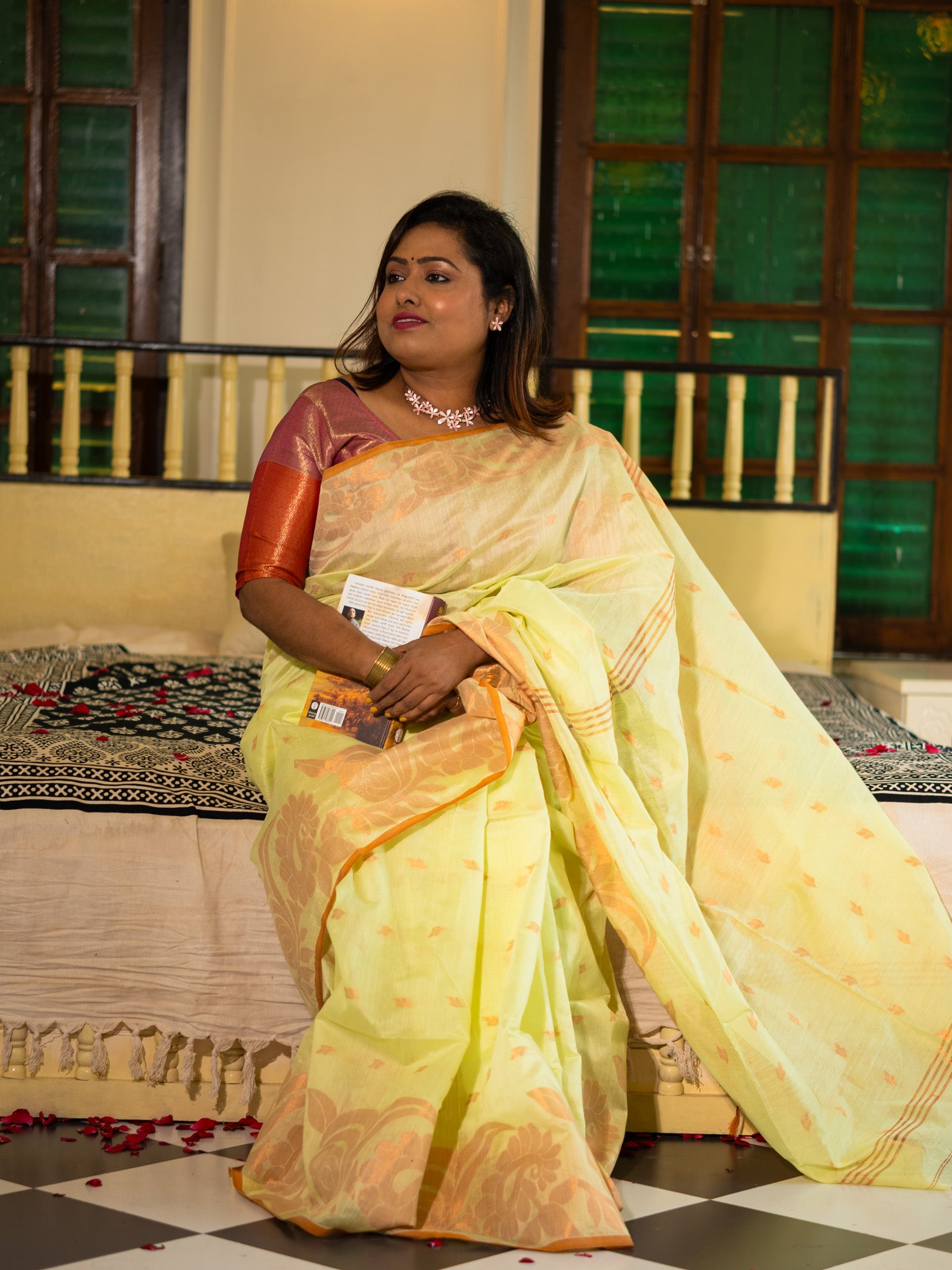 Pastel Lime Handloom Silk Saree with Golden Floral Weave