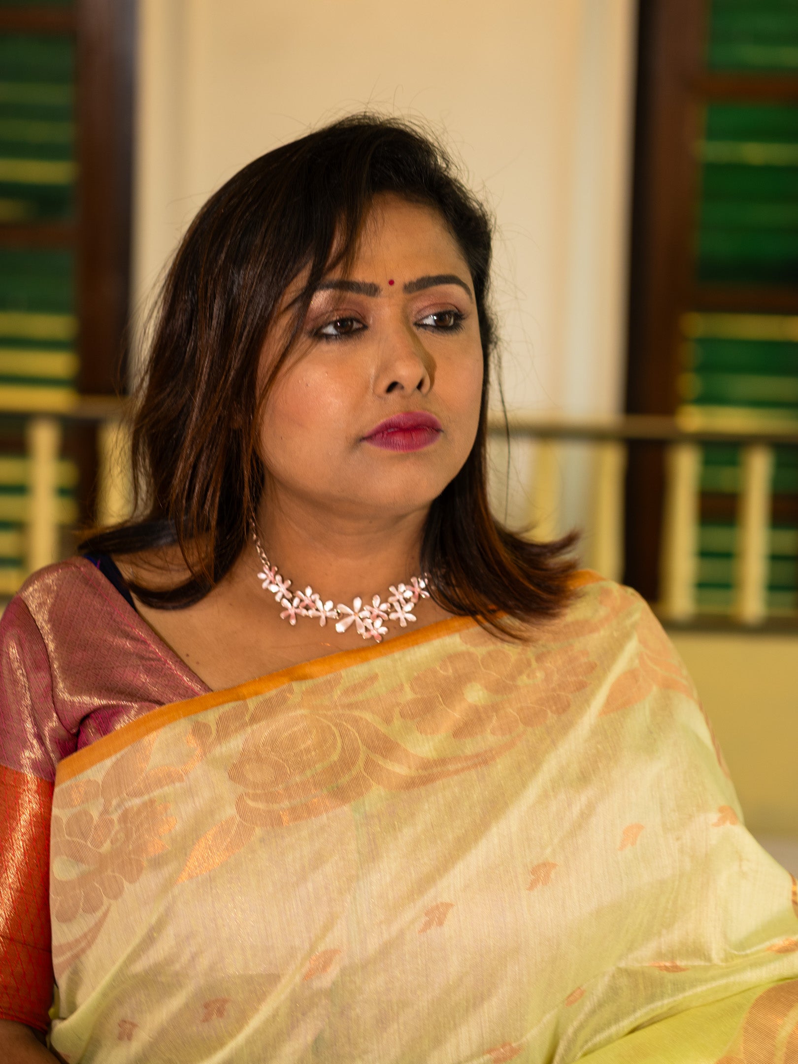 Pastel Lime Handloom Silk Saree with Golden Floral Weave