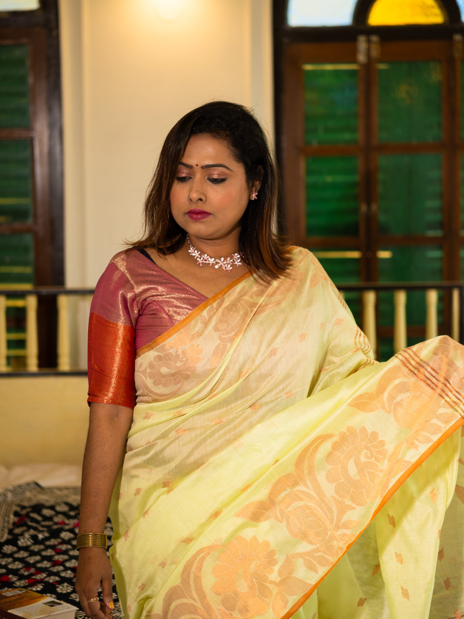 Pastel Lime Handloom Silk Saree with Golden Floral Weave