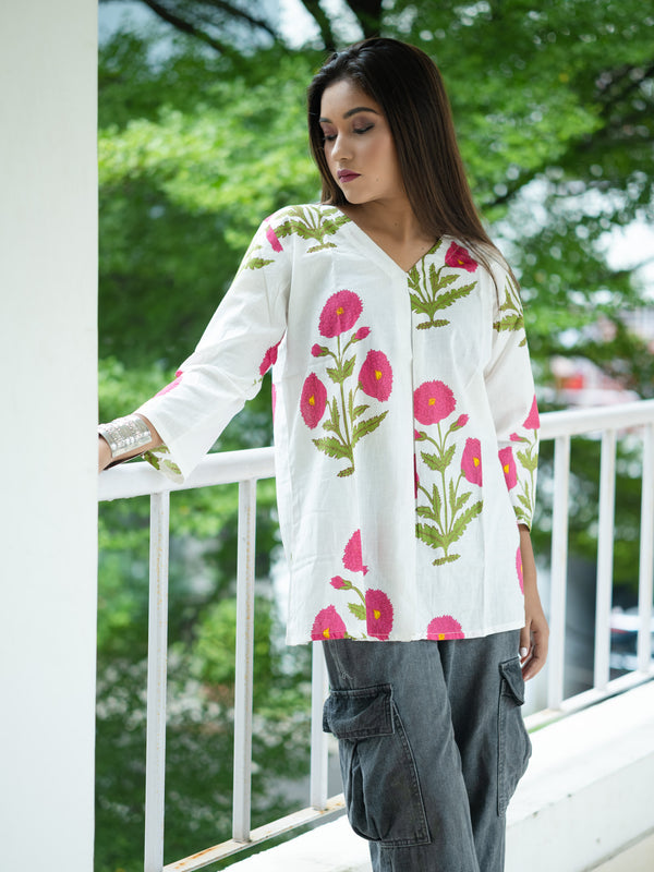 White Handloom Cotton Floral Kurta - Uttariya
