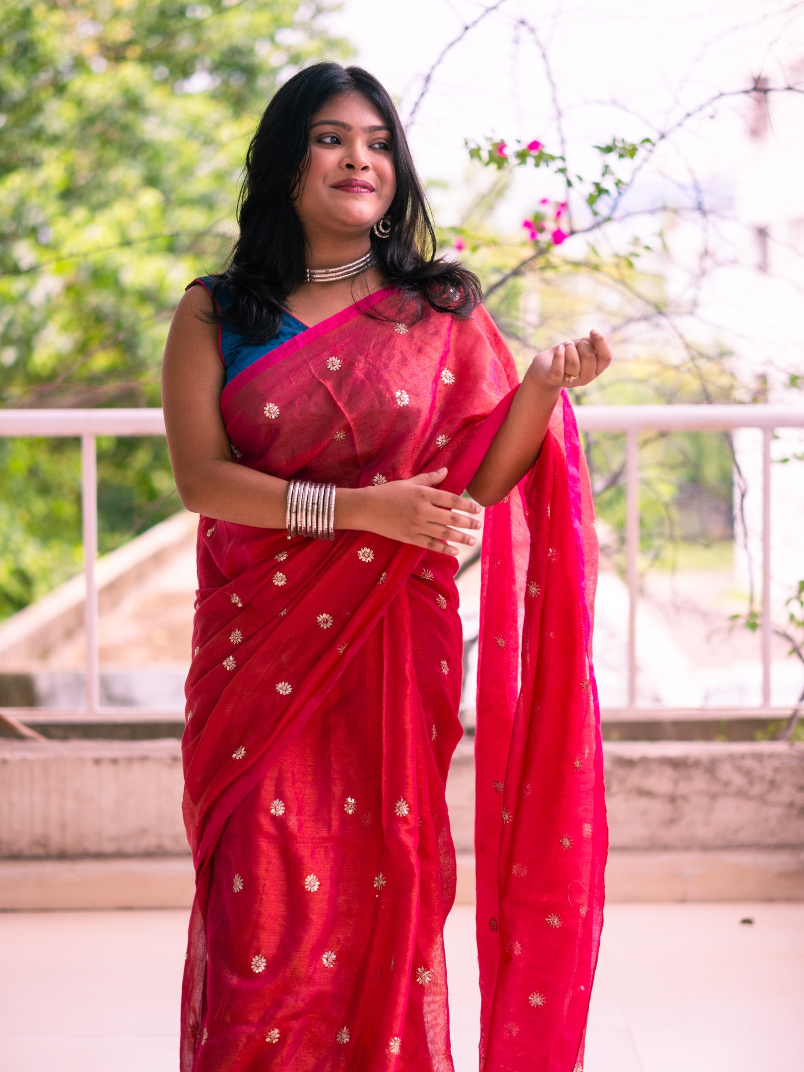 Floral Embroidered Tissue Red Saree