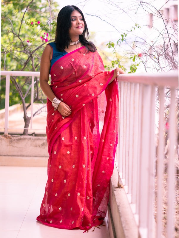 Red Velvet Bloom Embroidered Tissue Saree - Uttariya