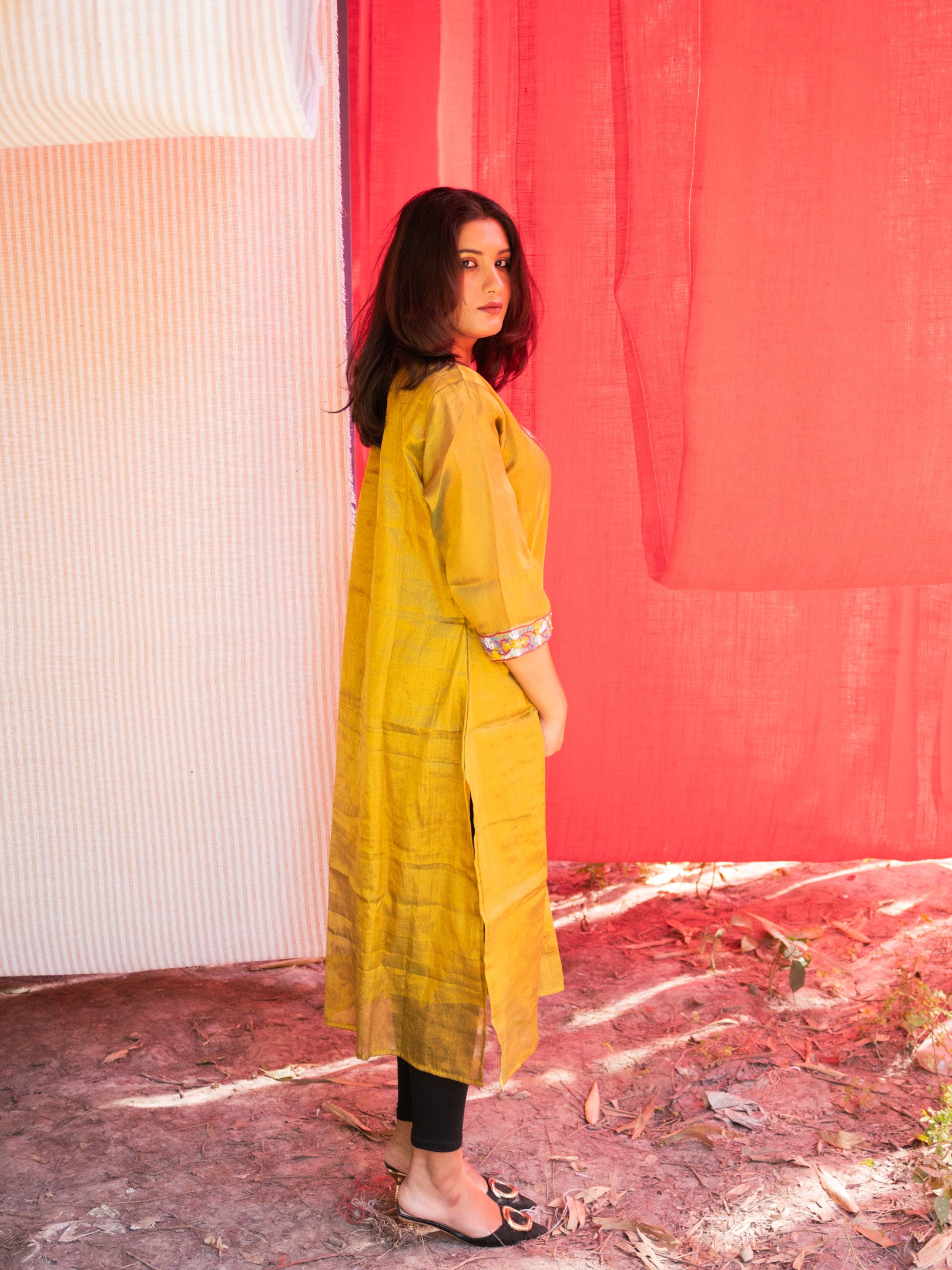 Makhmali Rich Golden Yellow Malai Silk Kurta