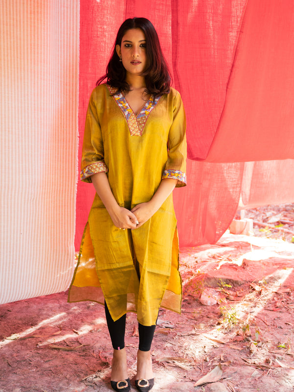 Makhmali Rich Golden Yellow Malai Silk Kurta