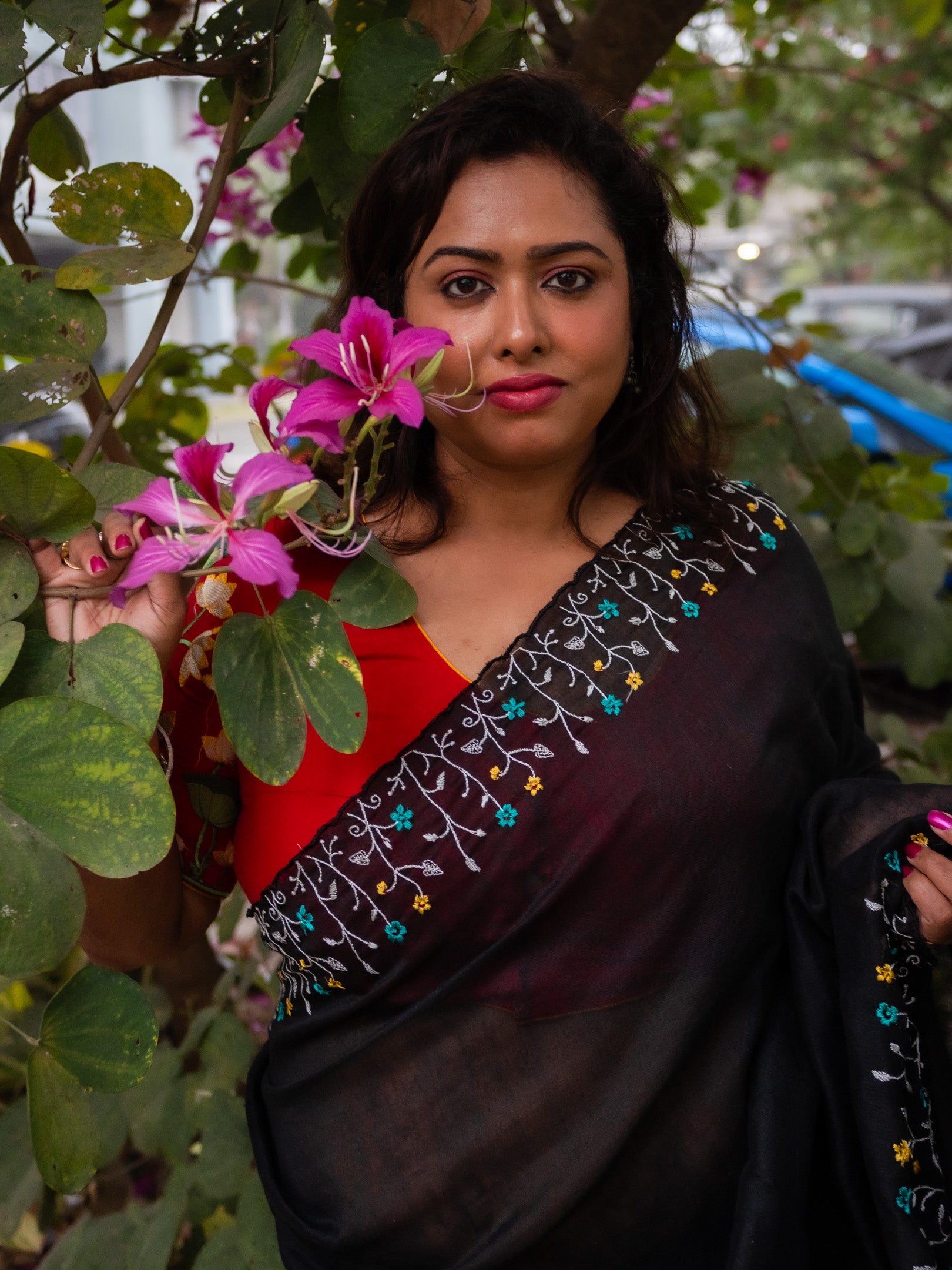 Black Garden On The Needle Embroidered Cotton Saree