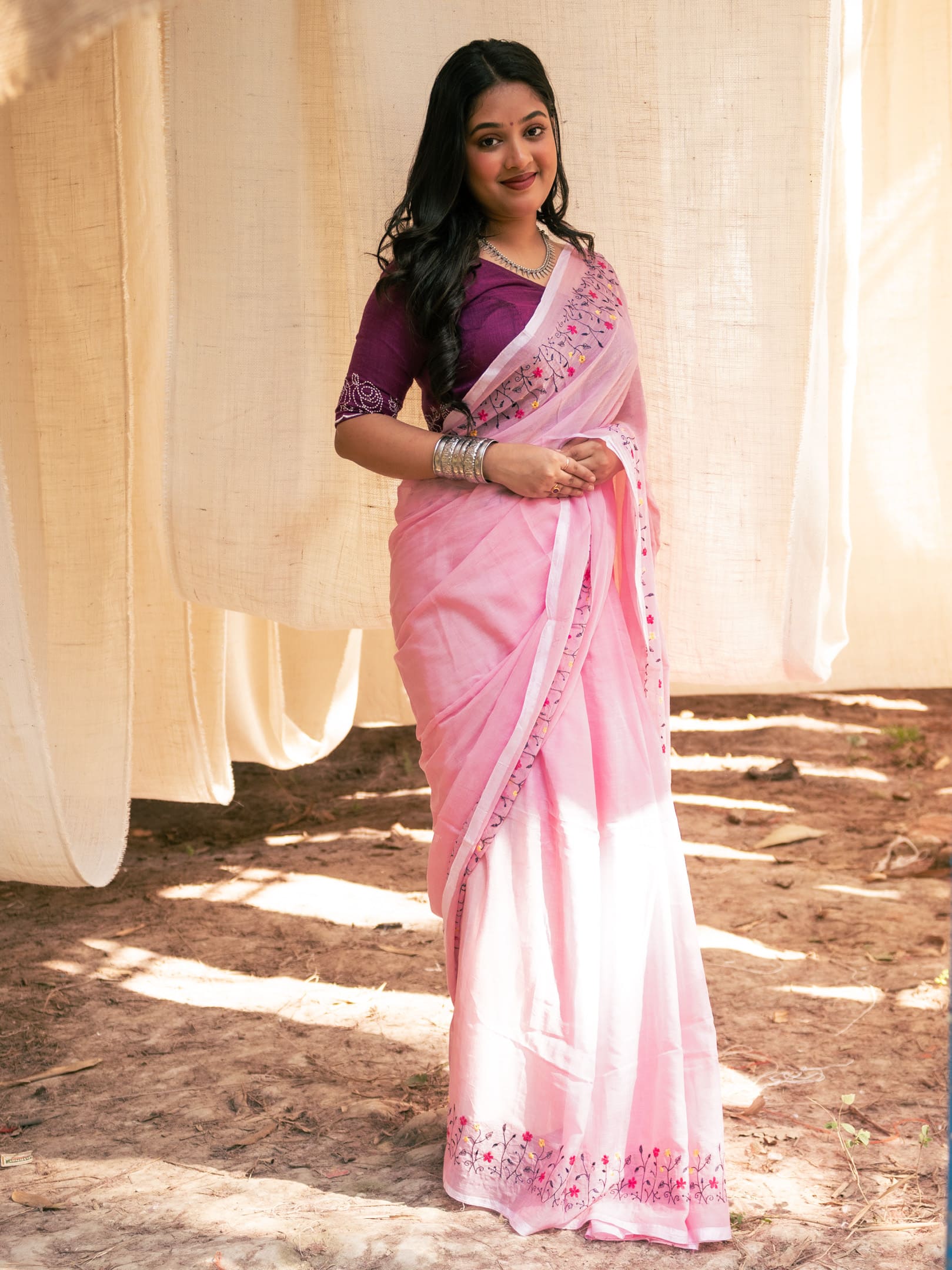 Floral embroidered Cotton saree