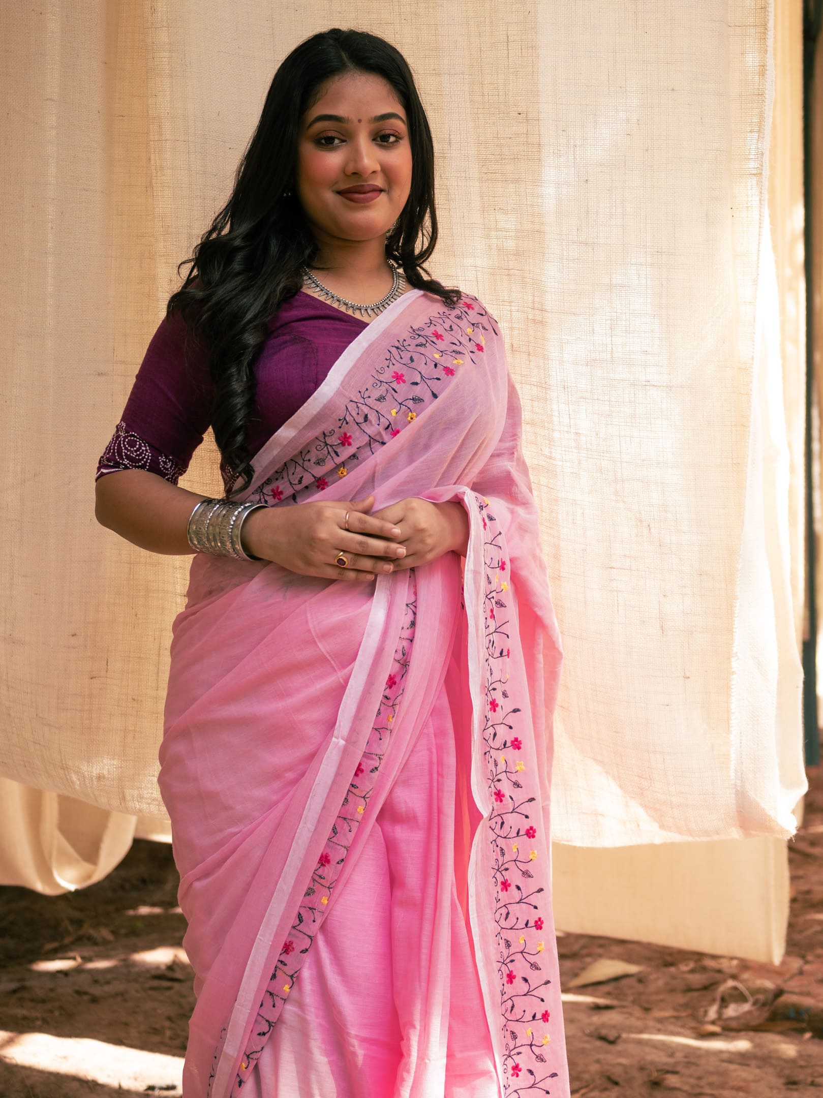 Floral embroidered Cotton saree