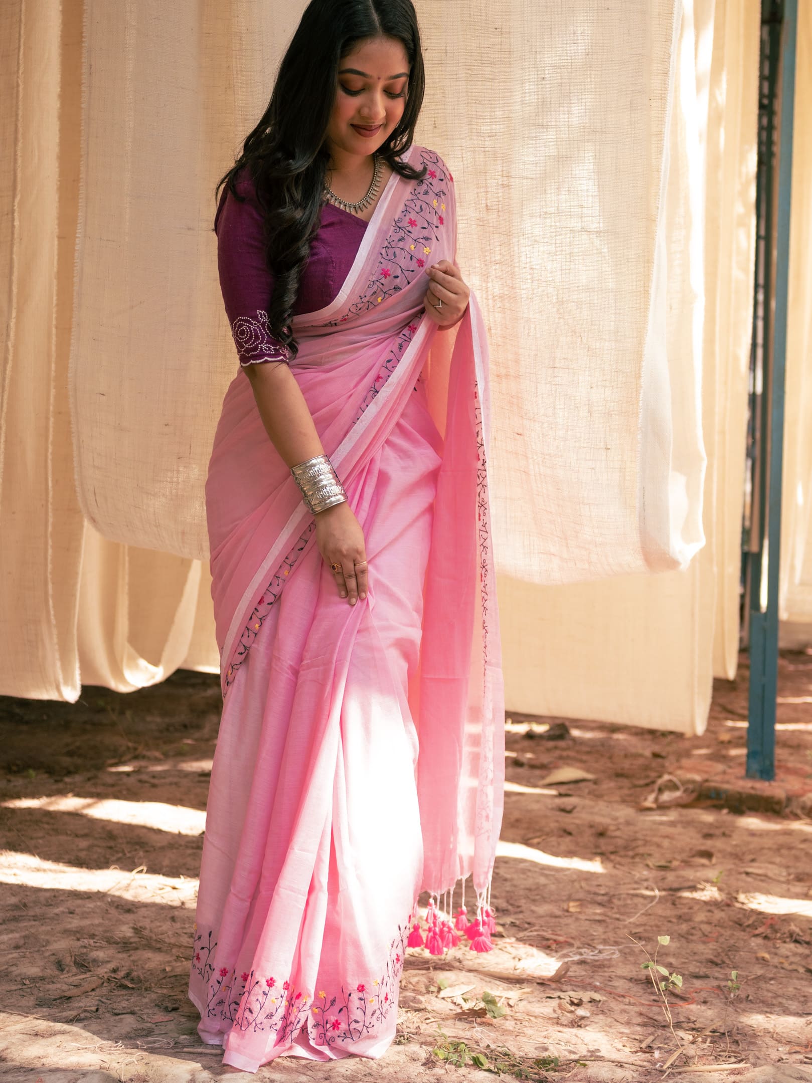 Floral embroidered Cotton saree