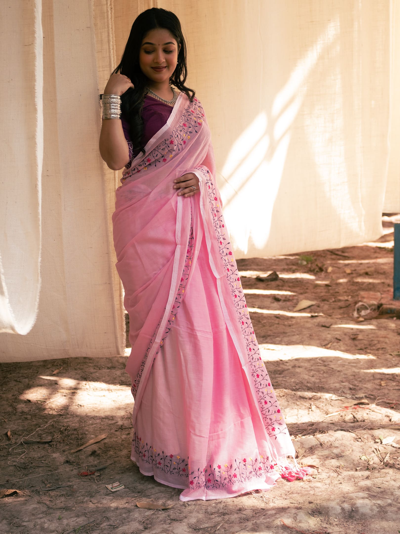 Floral embroidered Cotton saree