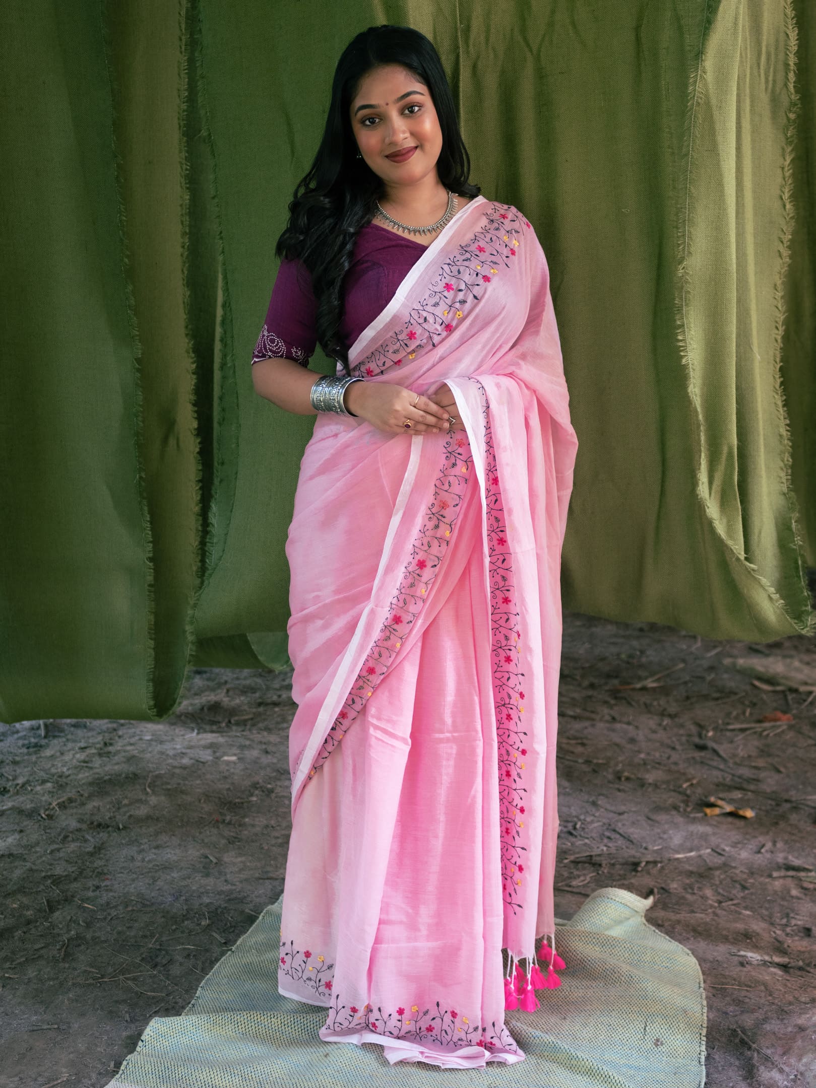 Floral embroidered Cotton saree