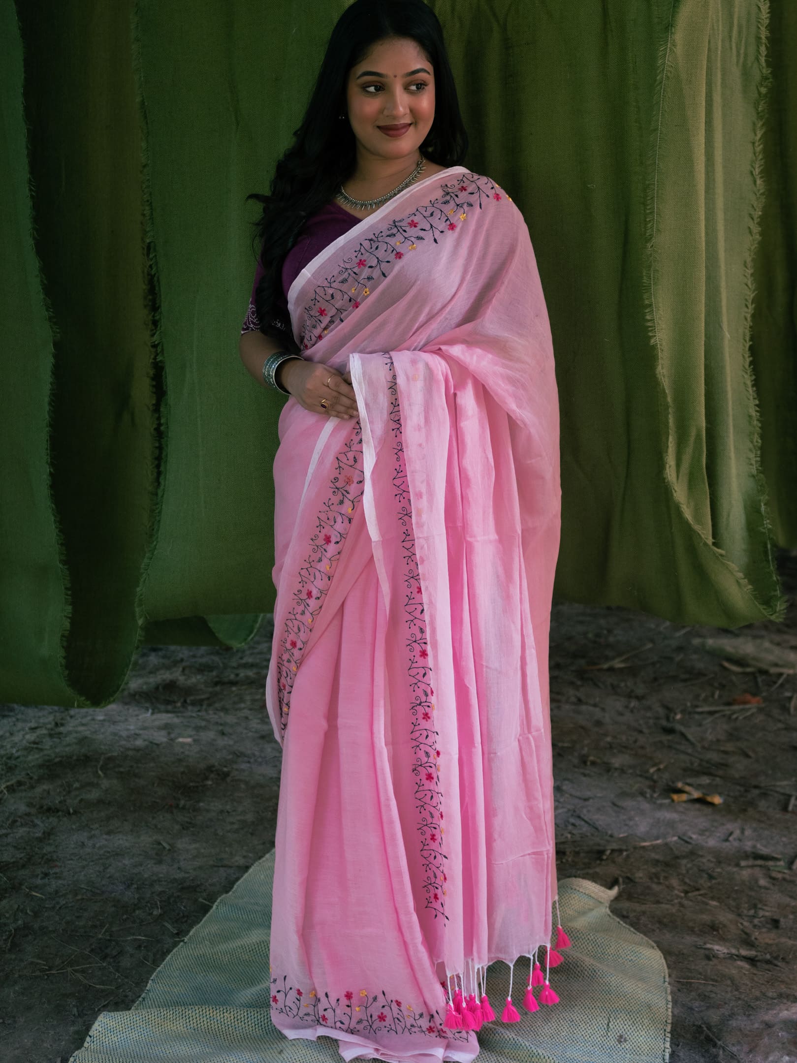 Floral embroidered Cotton saree