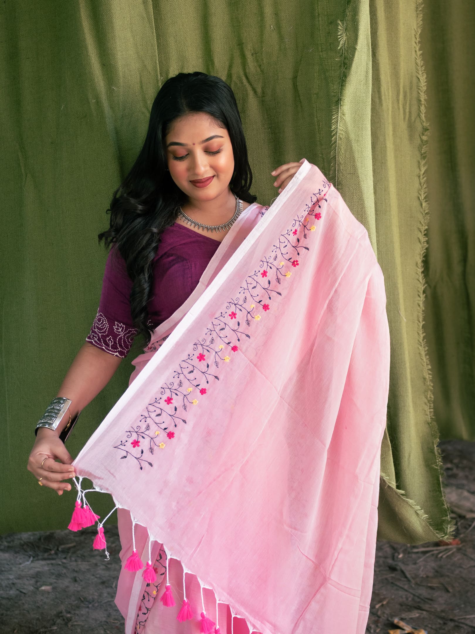 Floral embroidered Cotton saree