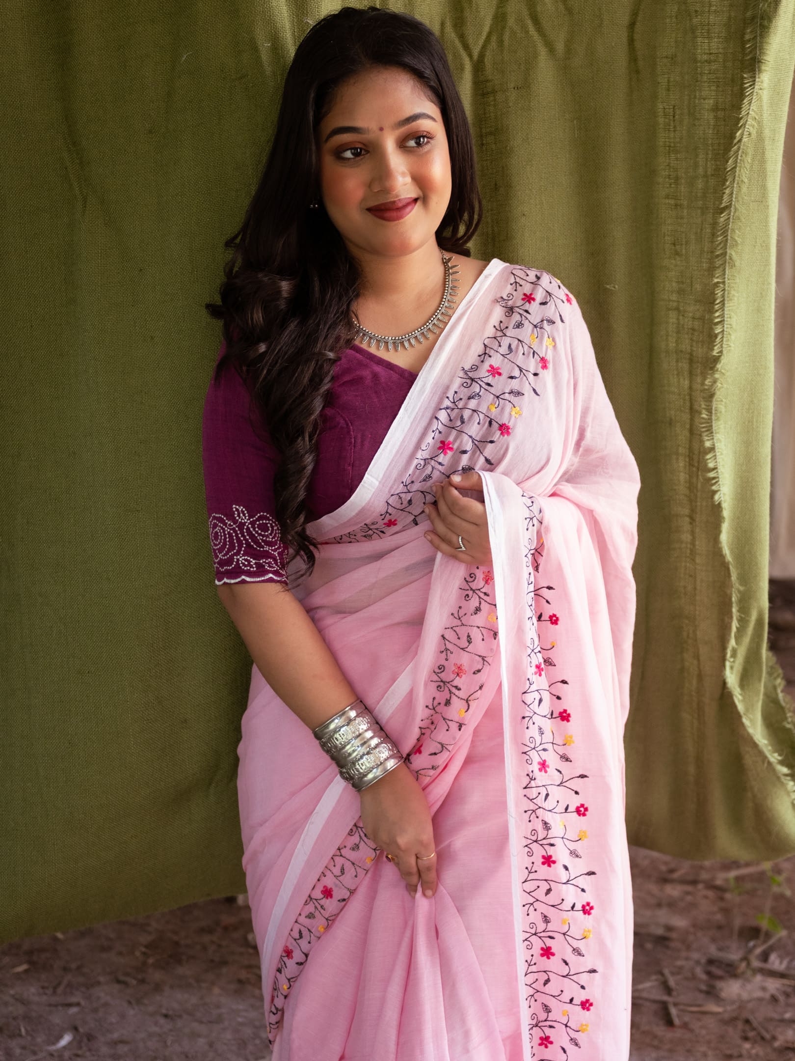 Floral embroidered Cotton saree