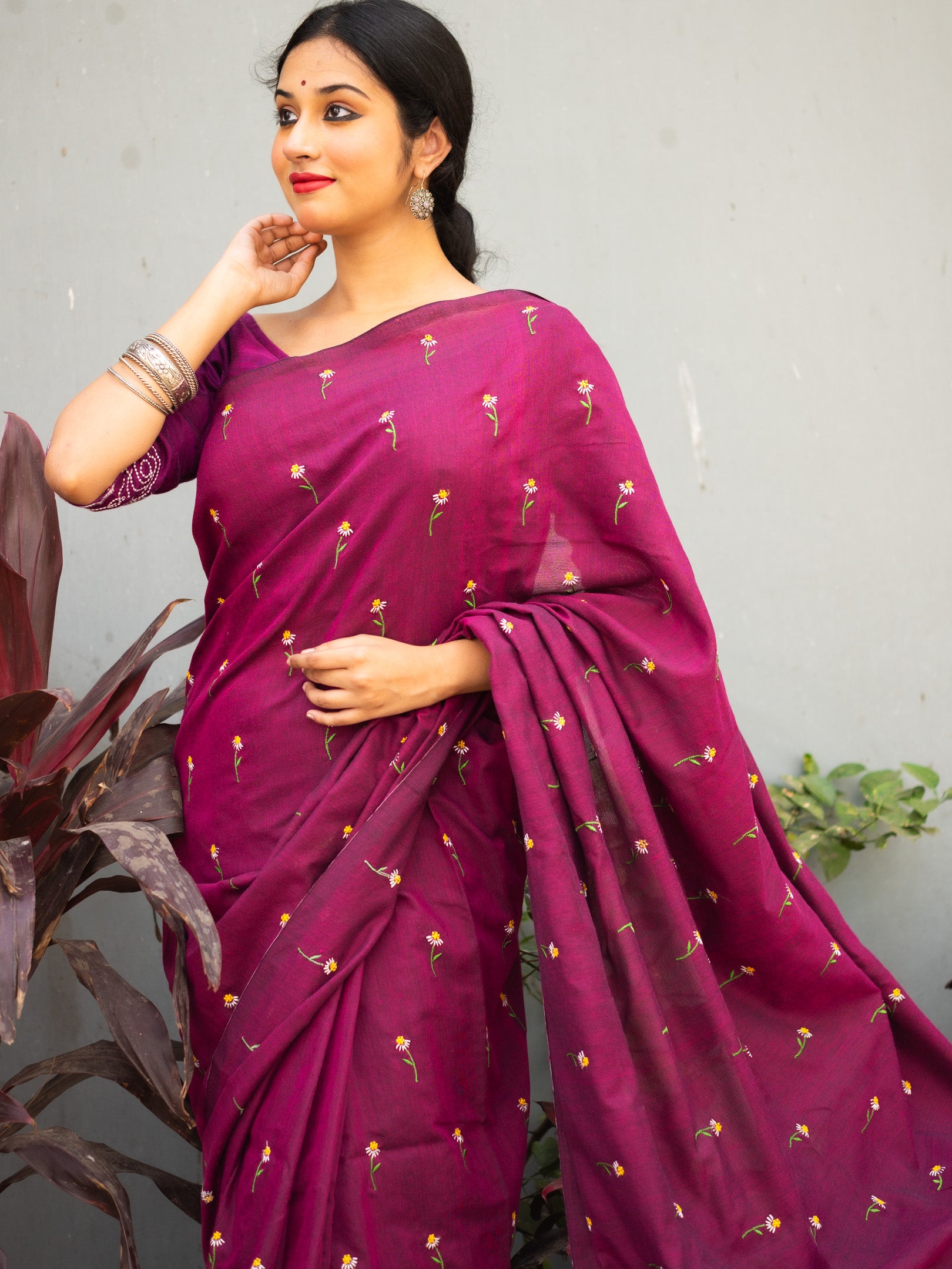 Wine Marron Flower Embroidered Cotton Saree