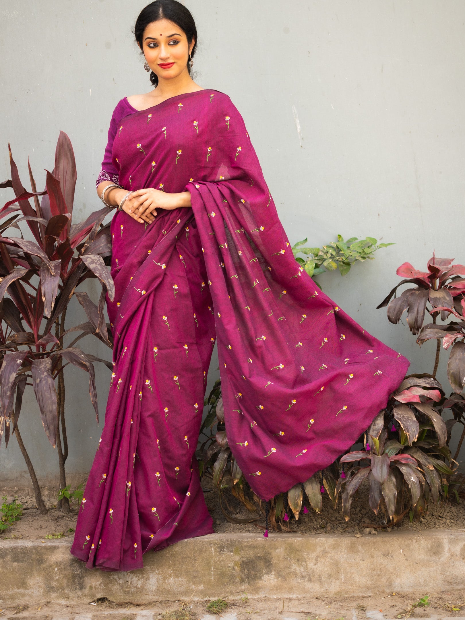 Wine Marron Flower Embroidered Cotton Saree