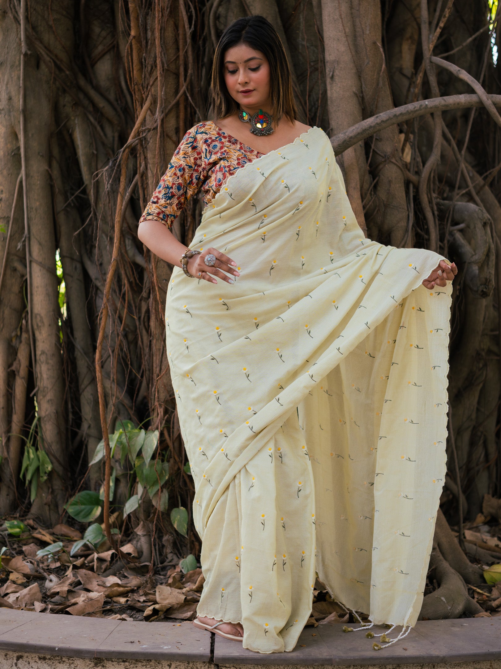 Bone White Flower Embroidered Cotton Saree