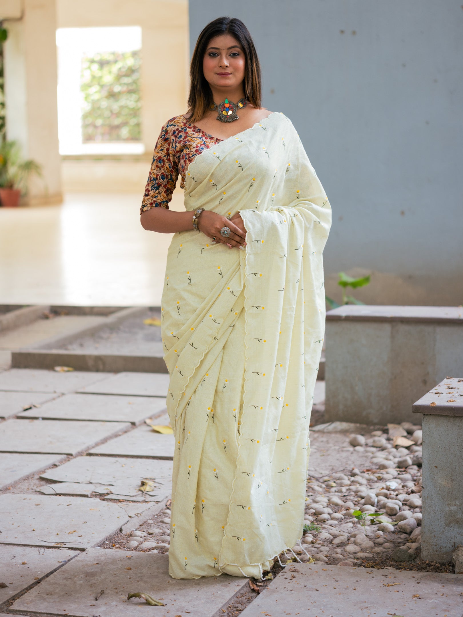 Bone White Flower Embroidered Cotton Saree