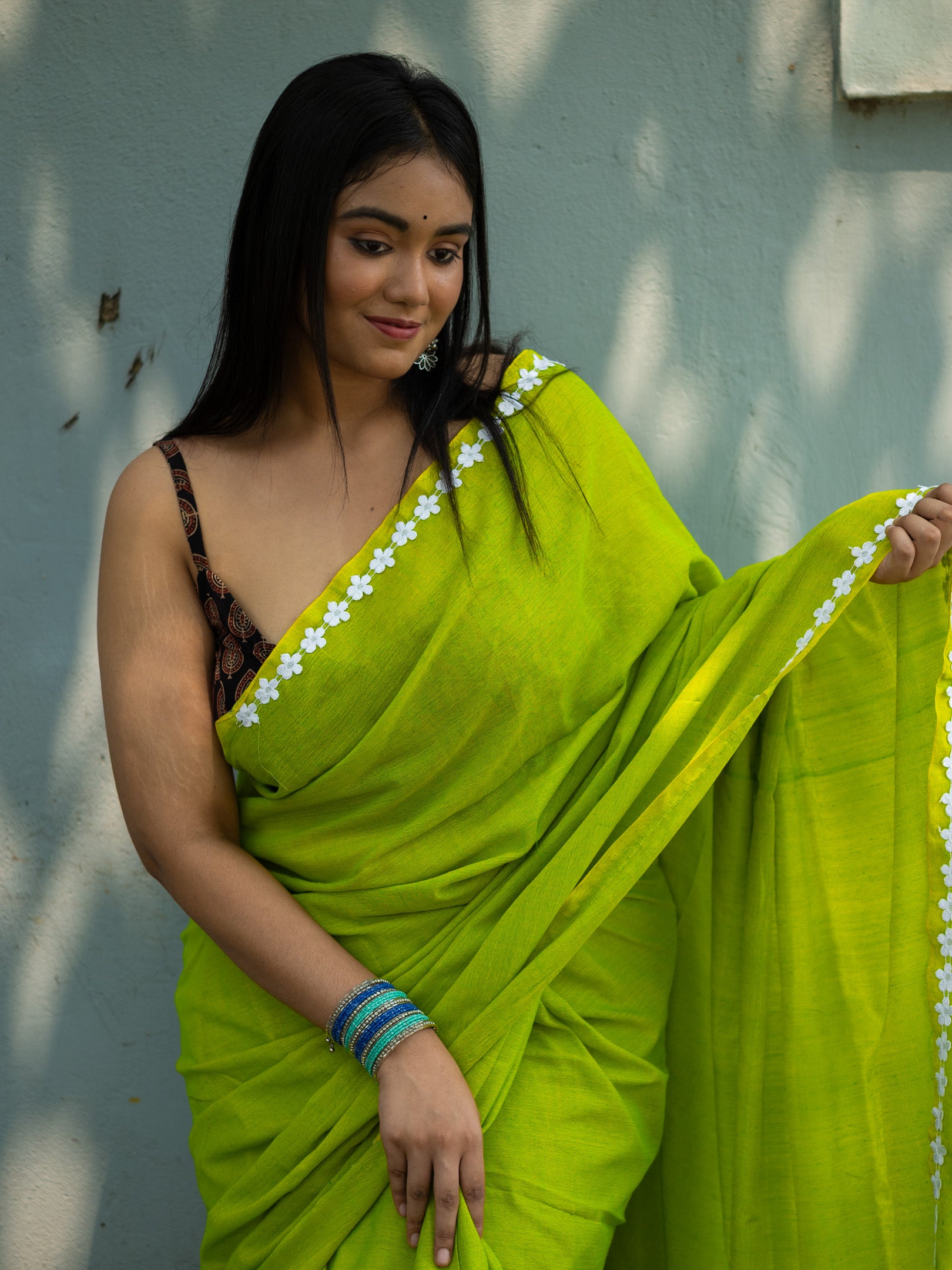 Solid Embroidered Patchwork Pure Cotton Khadi Saree