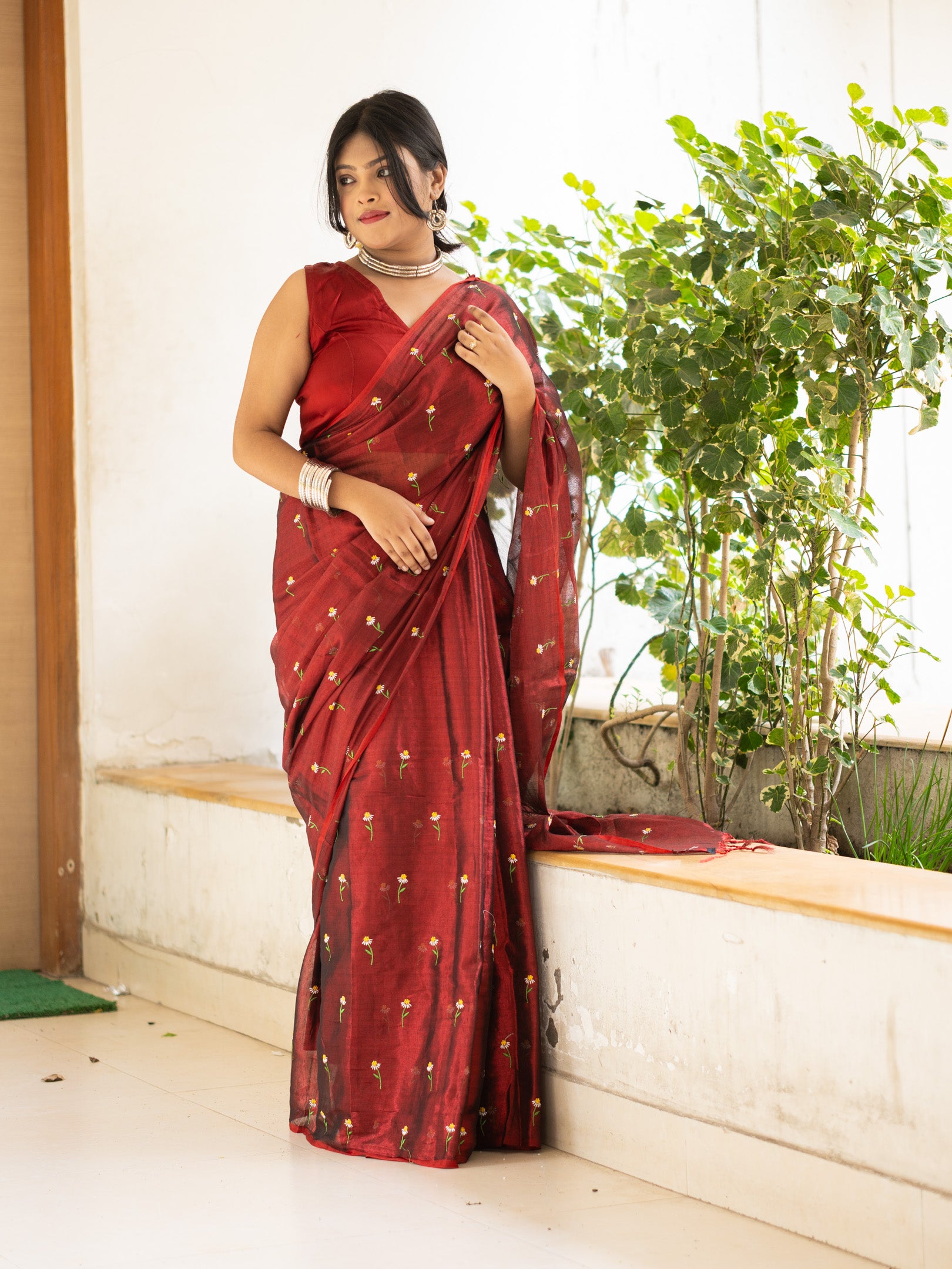 Ruby Petal Charm Meroon Embroidered Tissue Saree