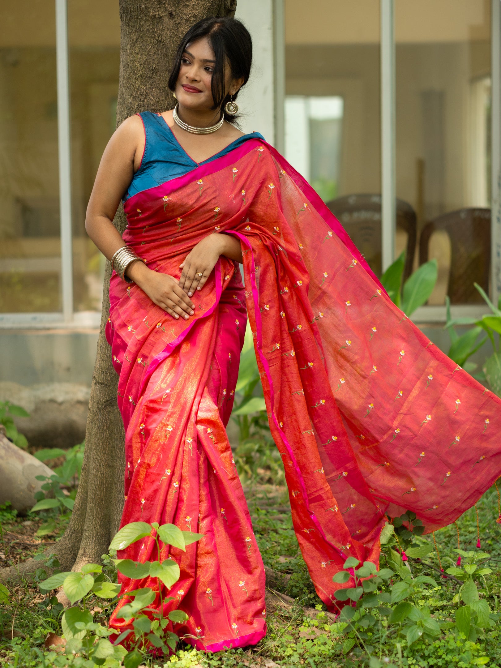 Red Velvet Bloom Embroidered Tissue Saree
