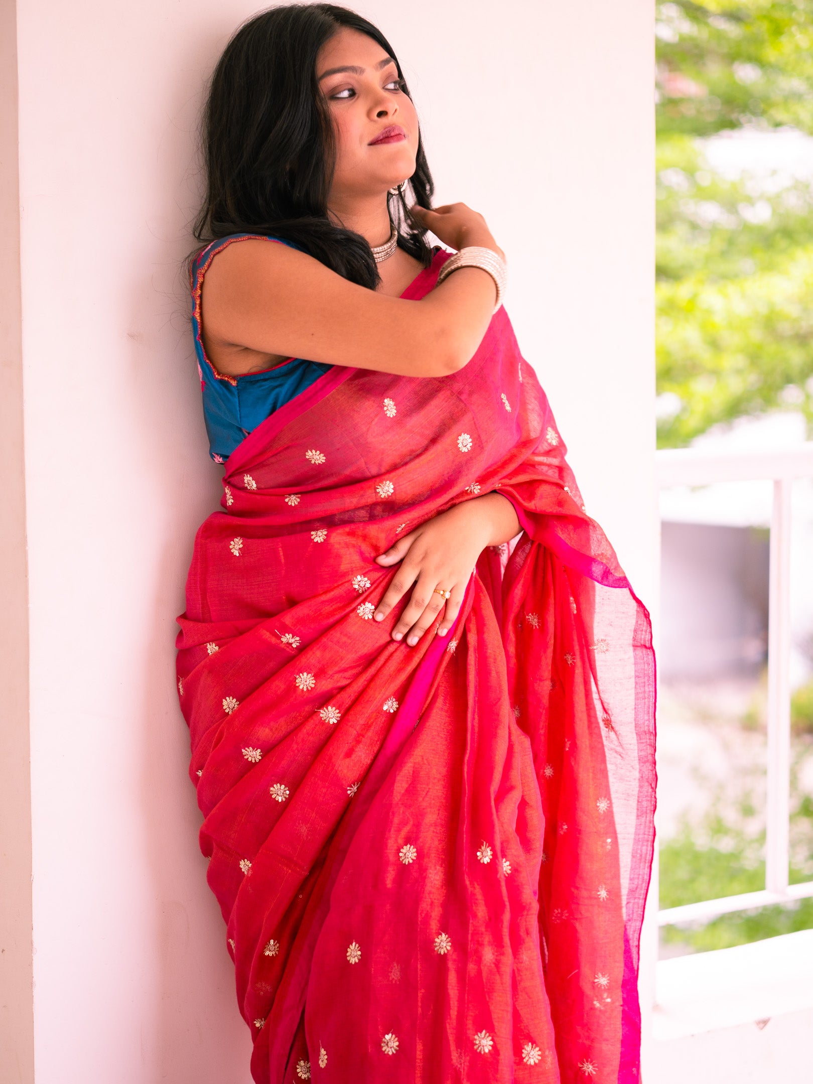 Red Velvet Bloom Embroidered Tissue Saree