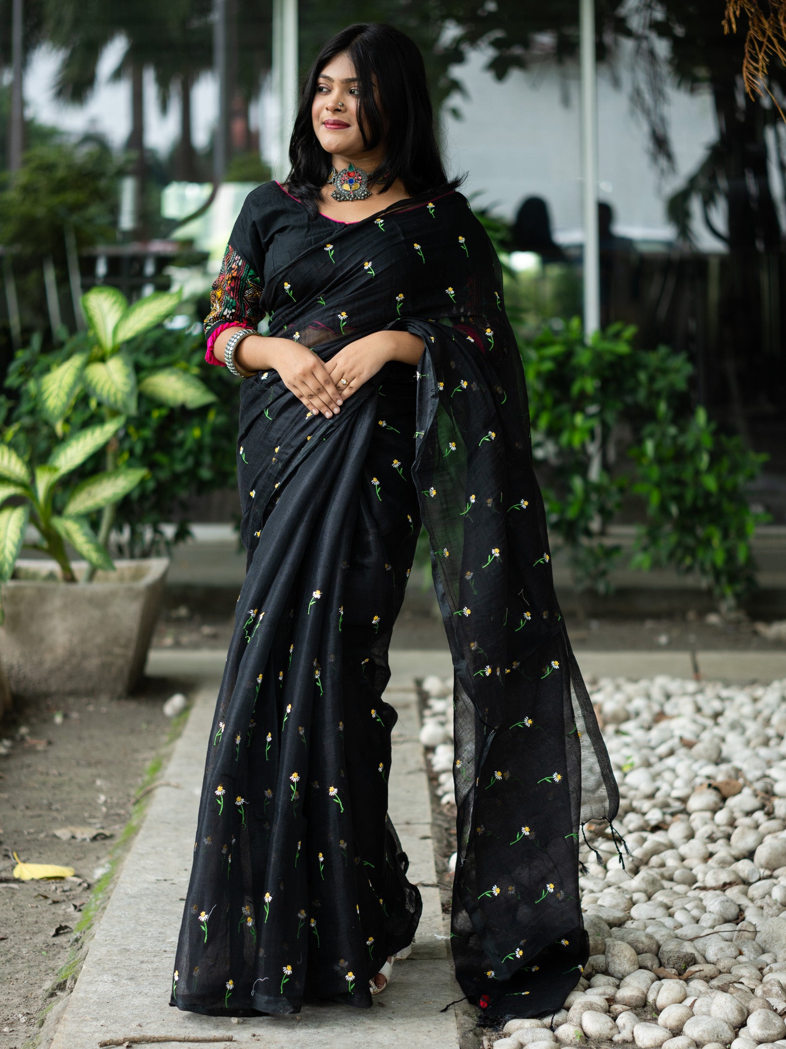Ebony Bloom Charm Black Embroidered Tissue Saree