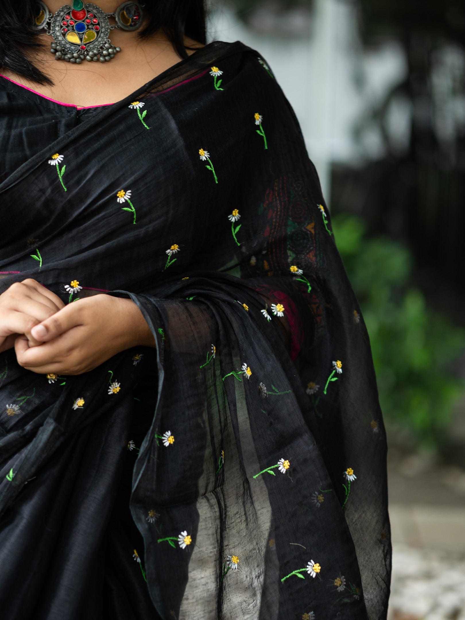 Ebony Bloom Charm Black Embroidered Tissue Saree