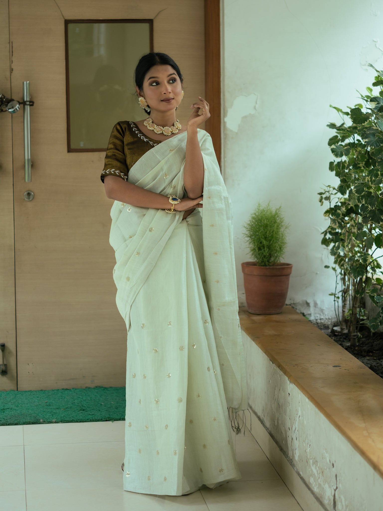 White Bloom Mint Tissue Saree