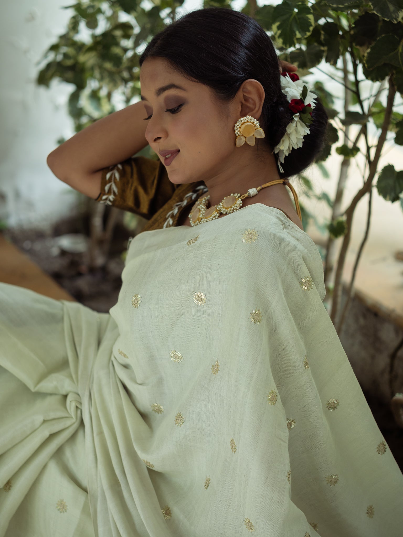 White Bloom Mint Tissue Saree