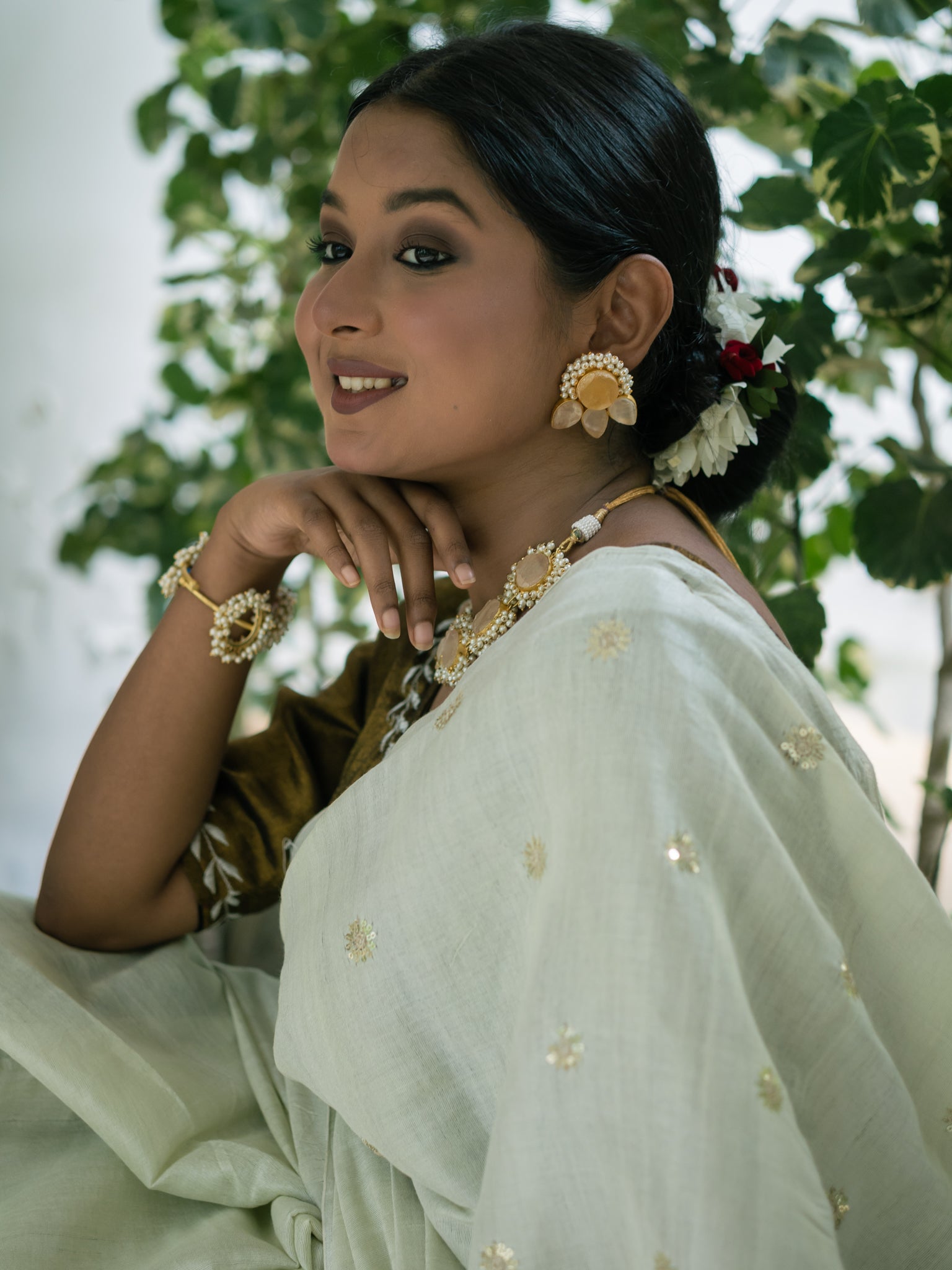 White Bloom Mint Tissue Saree