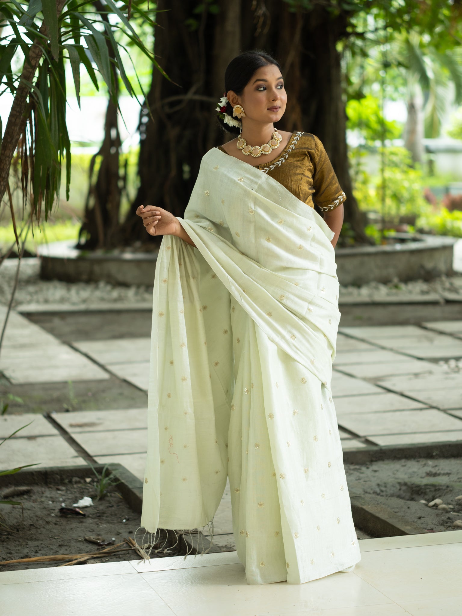 White Bloom Mint Tissue Saree