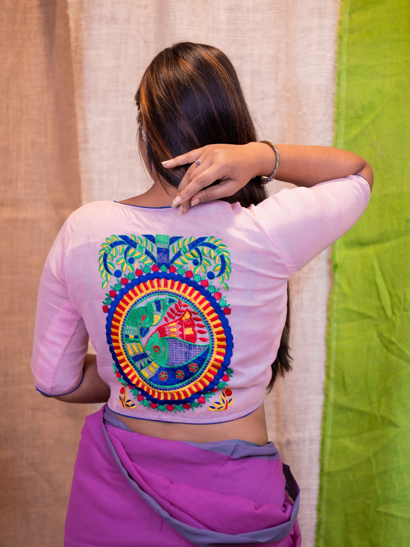 Ethnic-Motifs Embroidered Cotton Saree Blouse