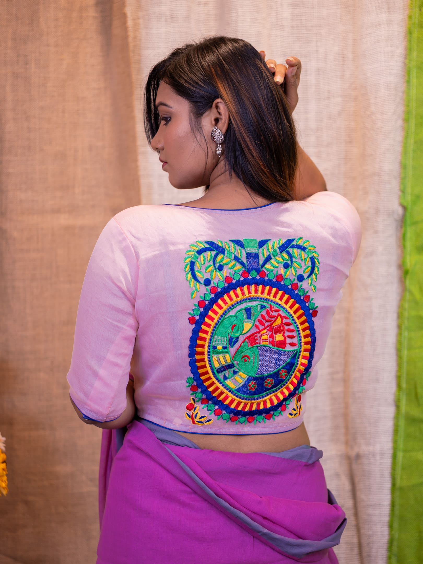 Ethnic-Motifs Embroidered Cotton Saree Blouse