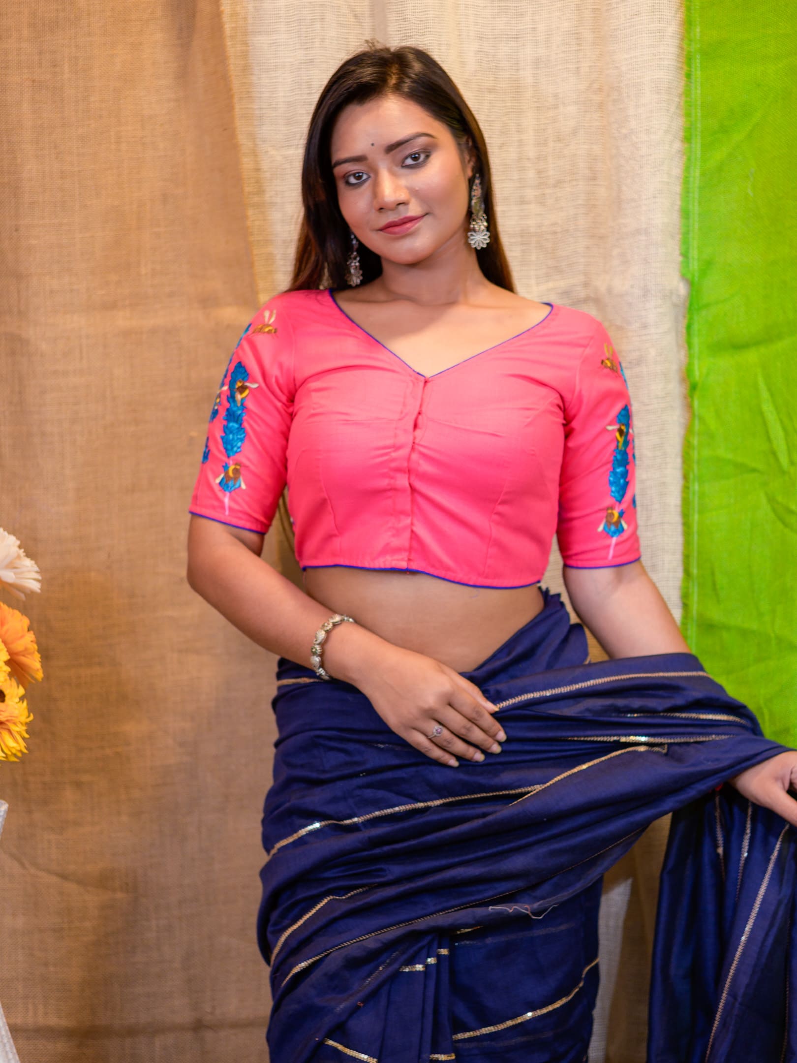 Hand-Embroidered Cotton V-Neck Saree Blouse