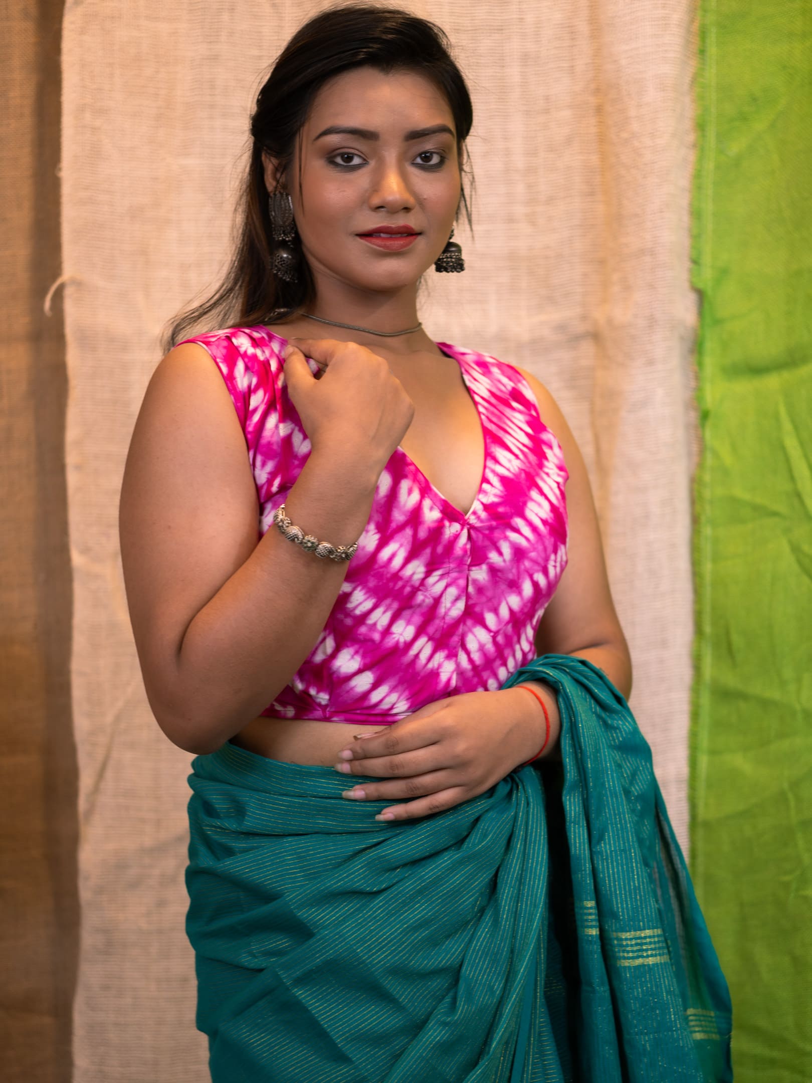 Printed Cotton V Neck Pink Saree Blouse