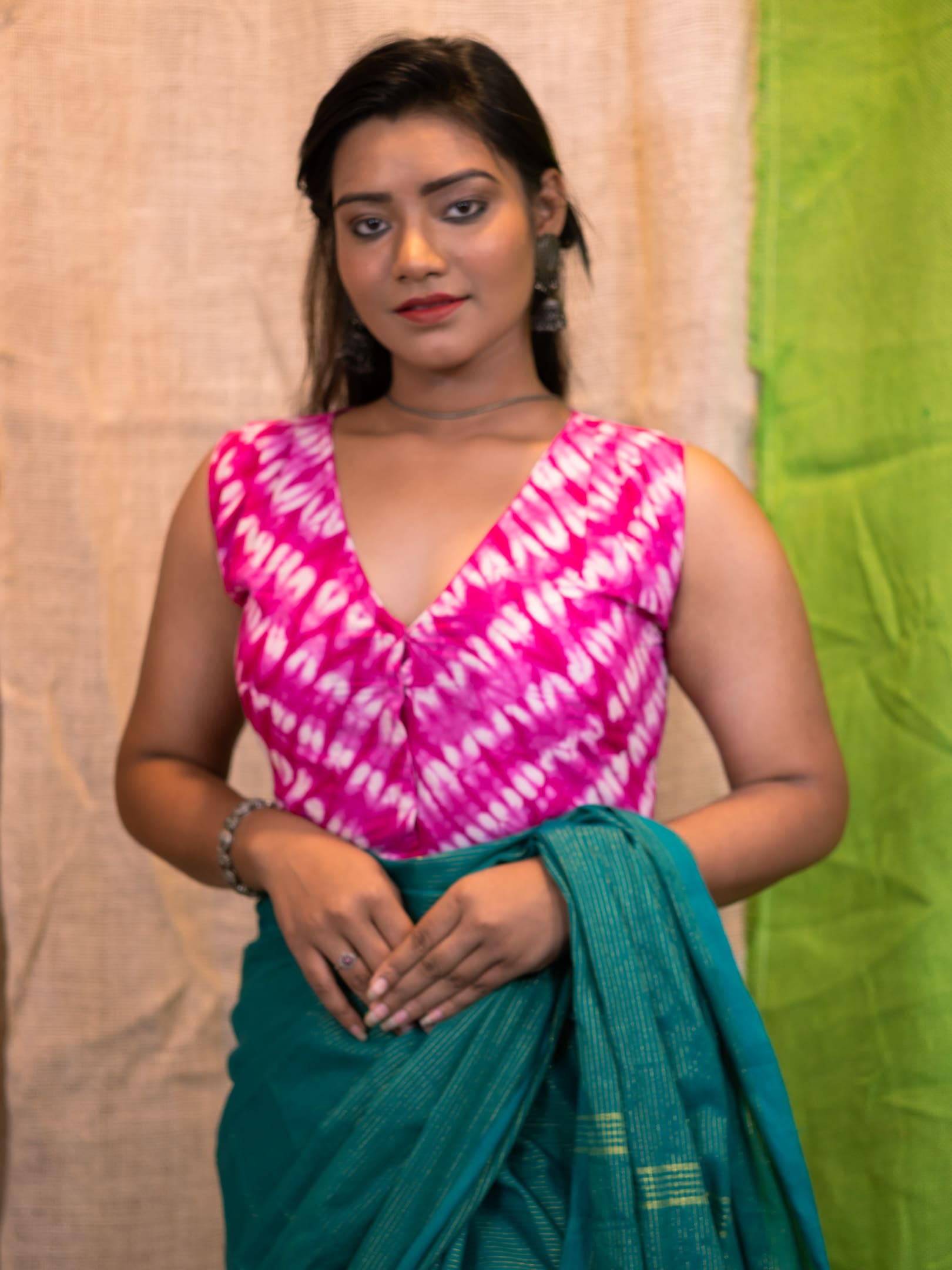 Printed Cotton V Neck Pink Saree Blouse