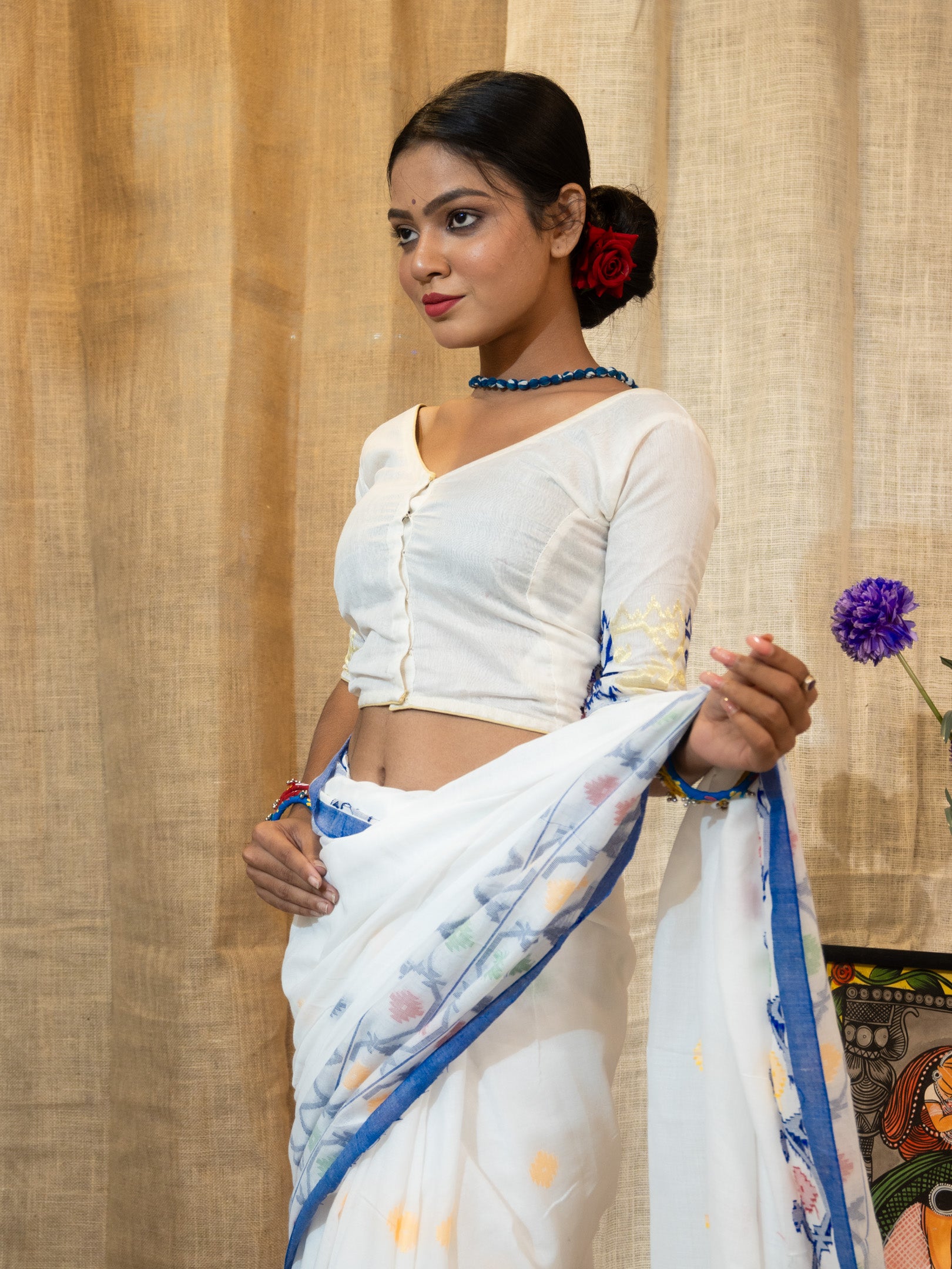 Woven Design V-Neck Cotton Saree Blouse