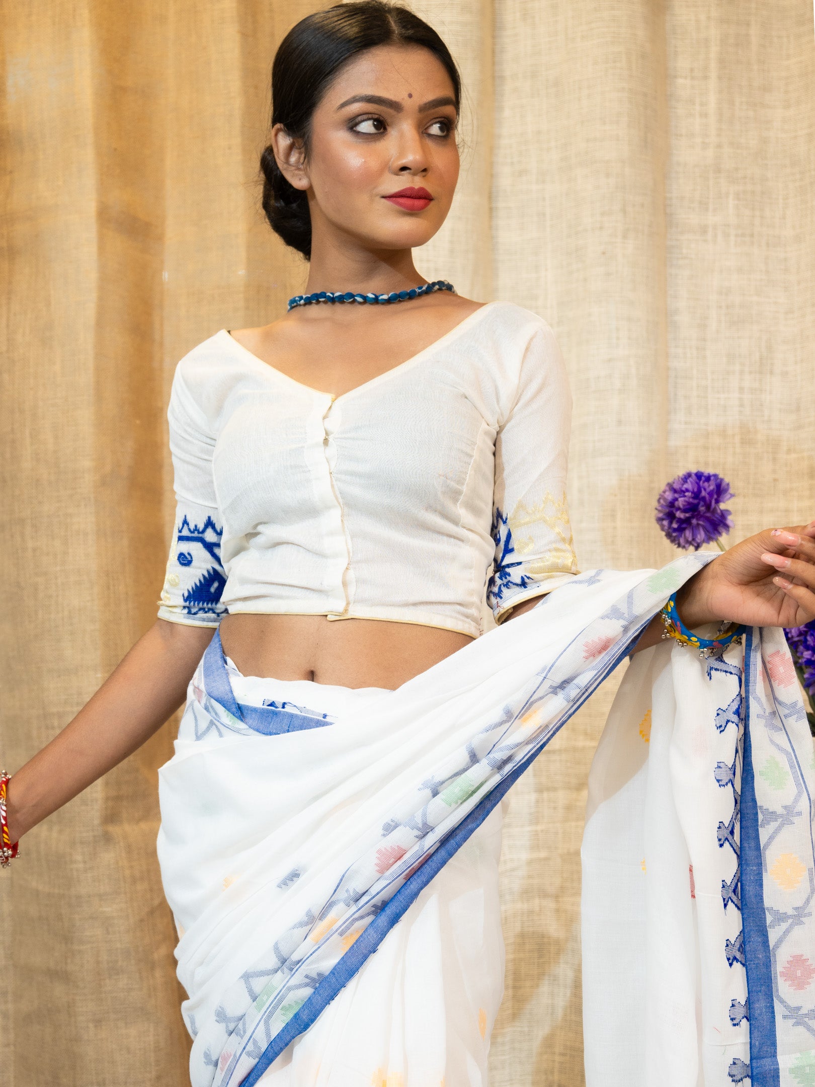 Woven Design V-Neck Cotton Saree Blouse