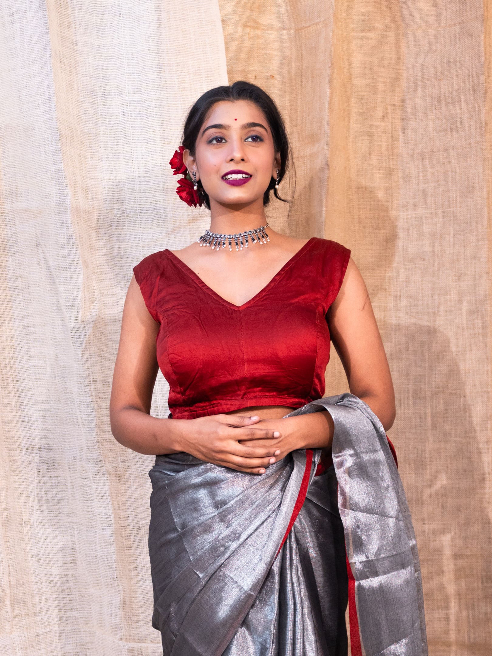 Solid Padded Ready To Wear Taffeta Saree Blouse