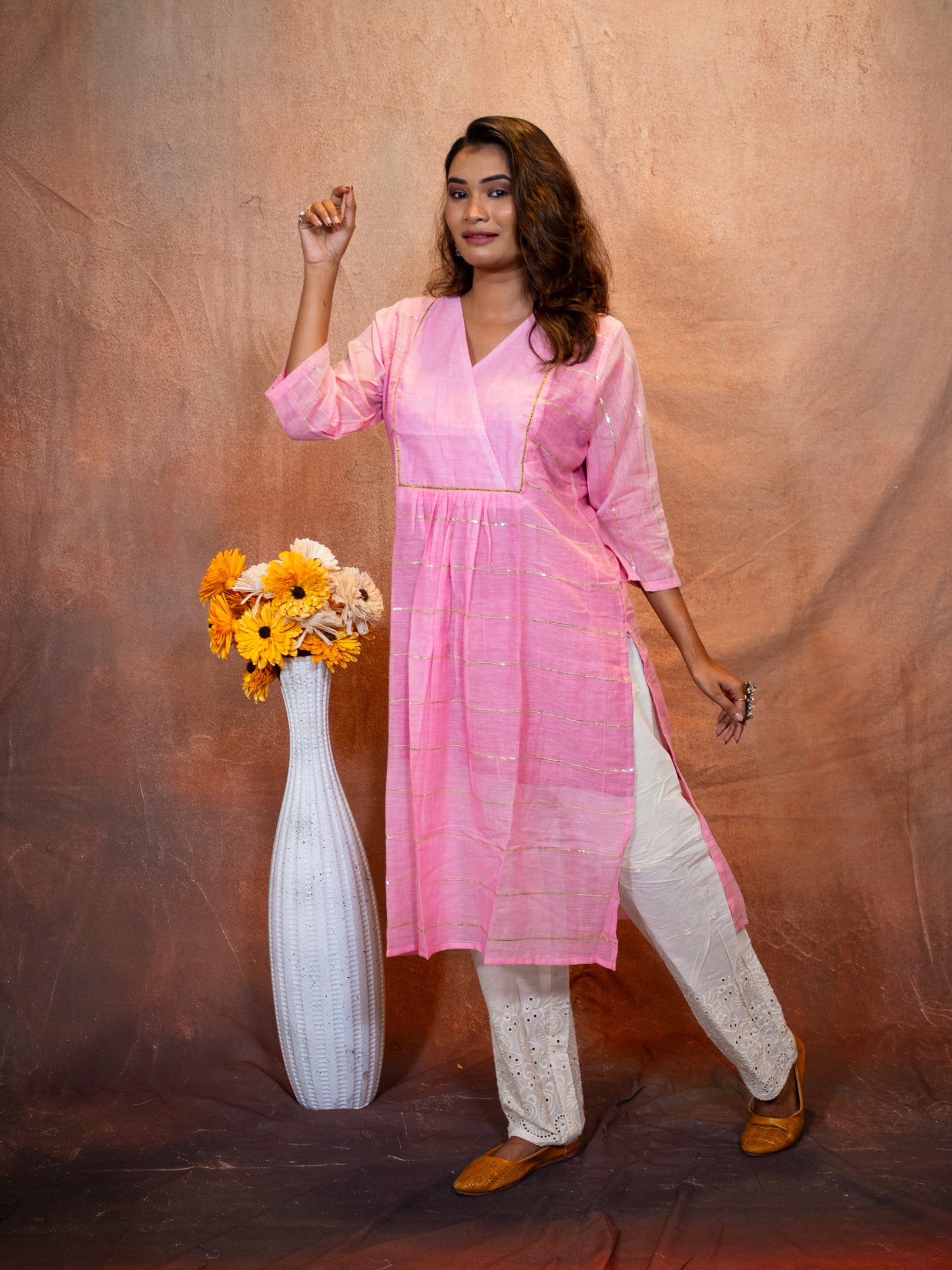 Thulian Pink Sequence Flare Cotton Kurta
