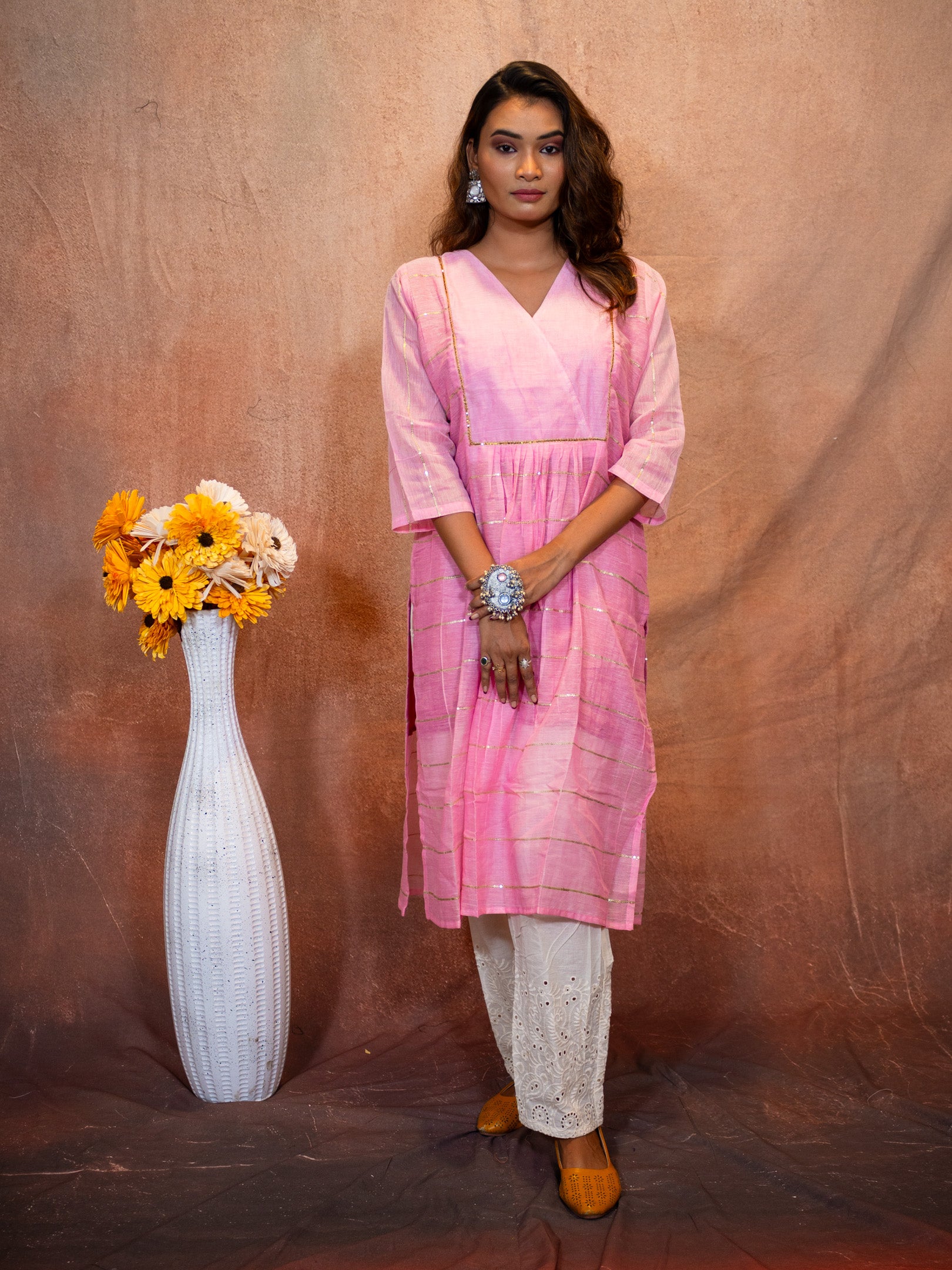 Thulian Pink Sequence Flare Cotton Kurta