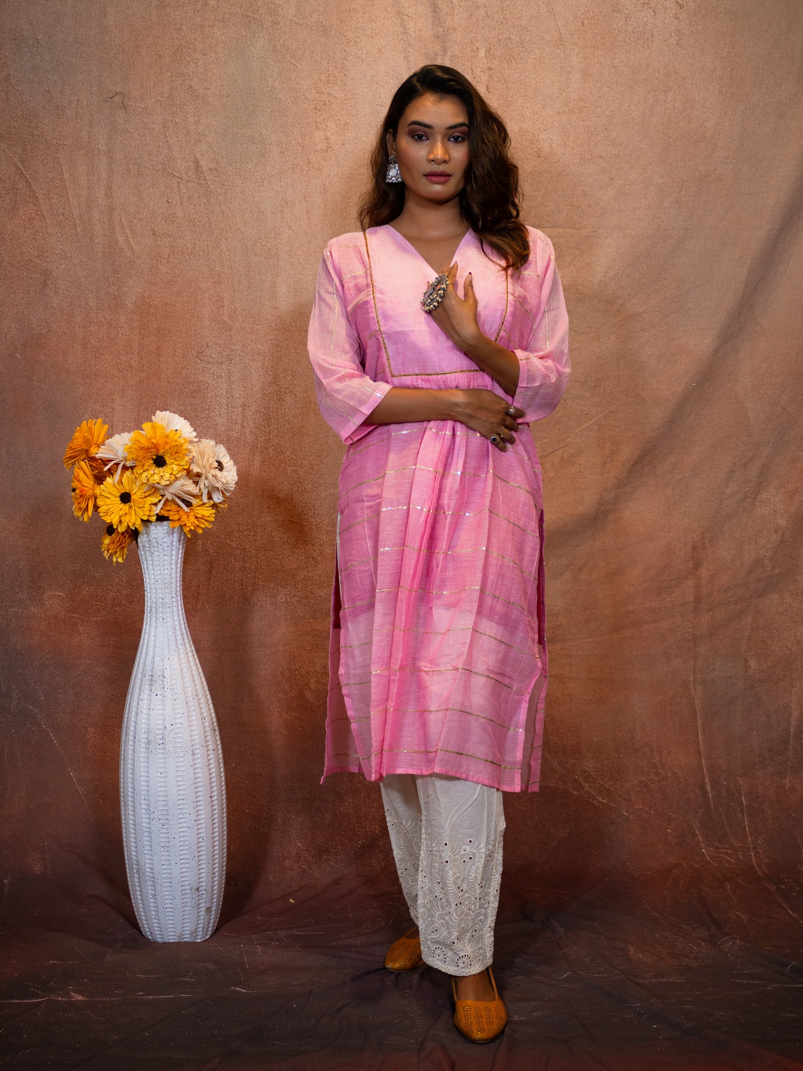 Thulian Pink Sequence Flare Cotton Kurta